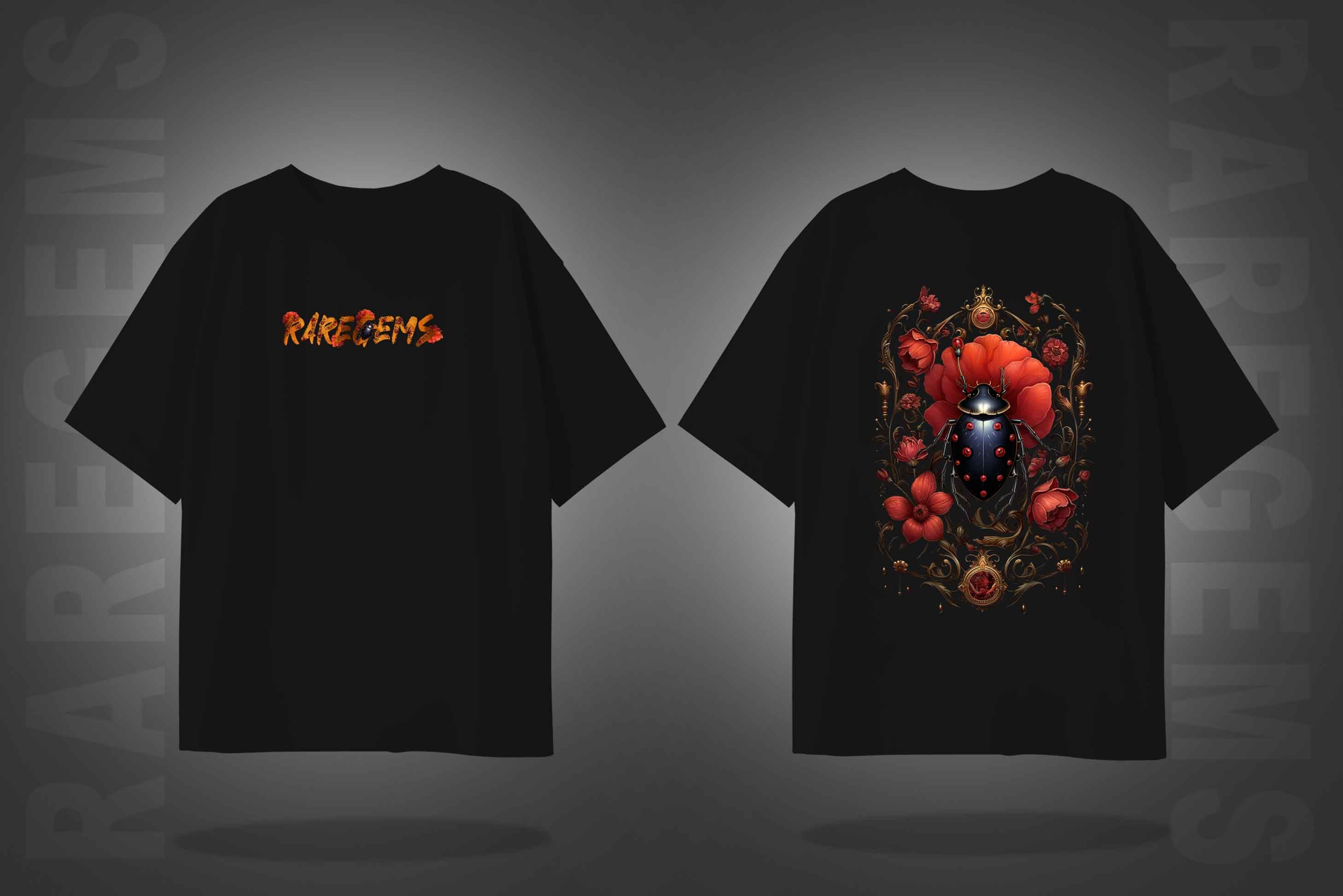 Black Half Sleeves Beetle And Bloom Printed Oversized T-Shirt