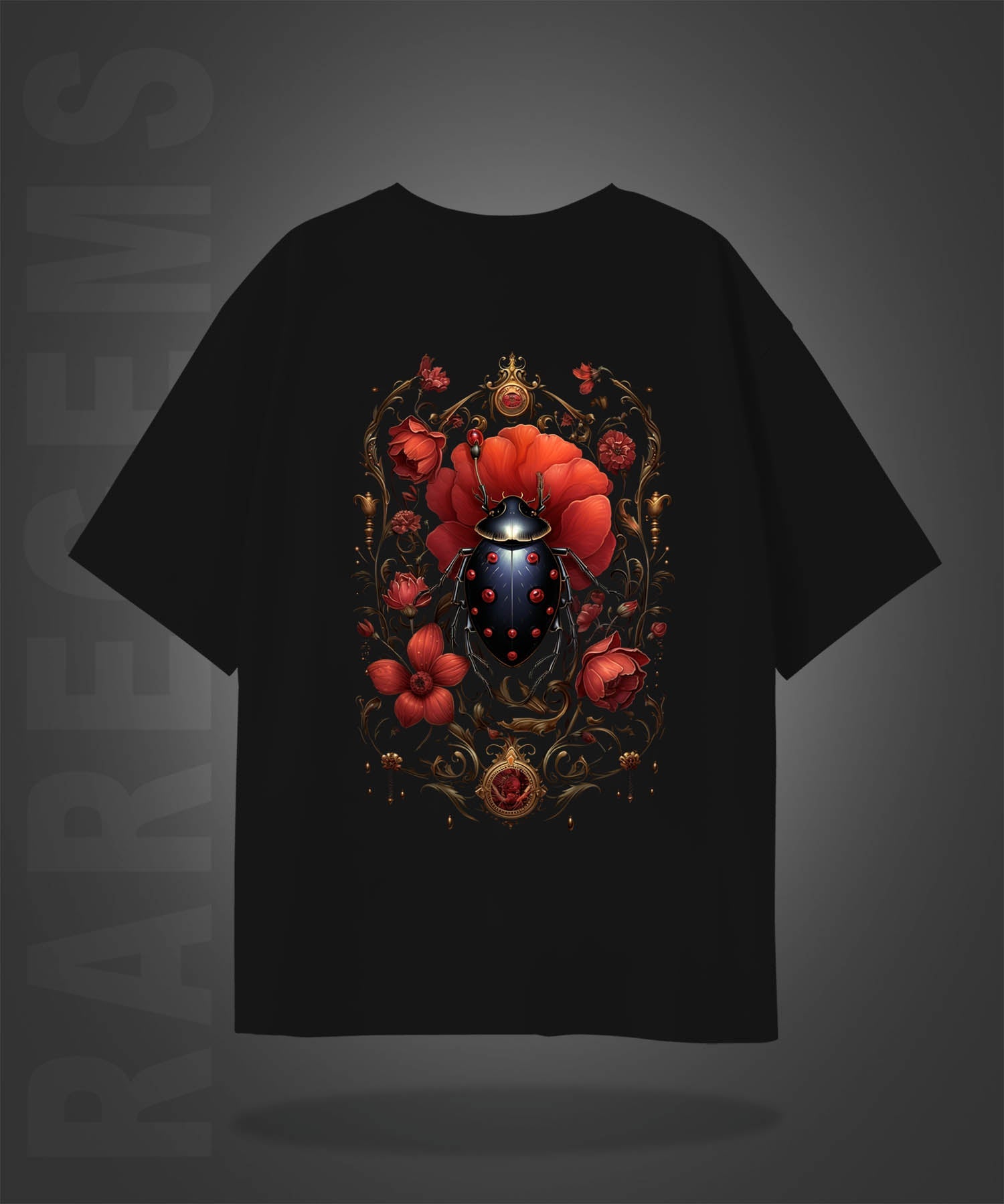 Black Half Sleeves Beetle And Bloom Printed Oversized T-Shirt