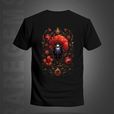 Black Half Sleeve Round Neck Beetle And Bloom Front And Back Printed Regular T-Shirt