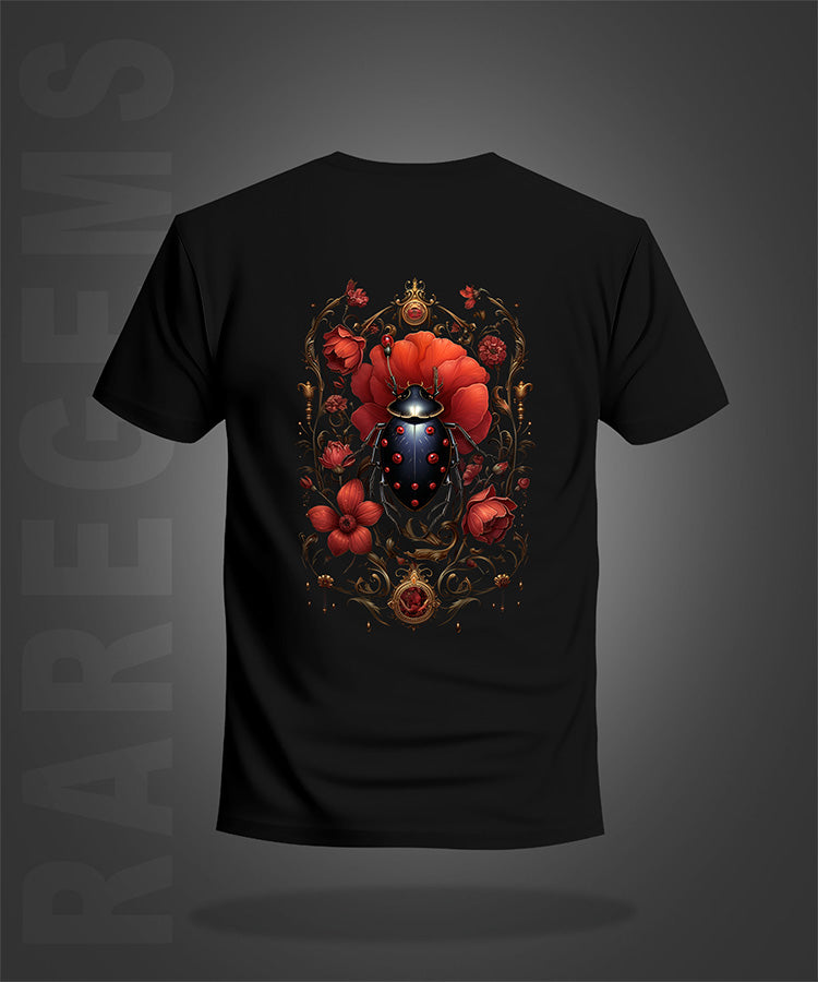 Black Half Sleeve Round Neck Beetle And Bloom Front And Back Printed Regular T-Shirt