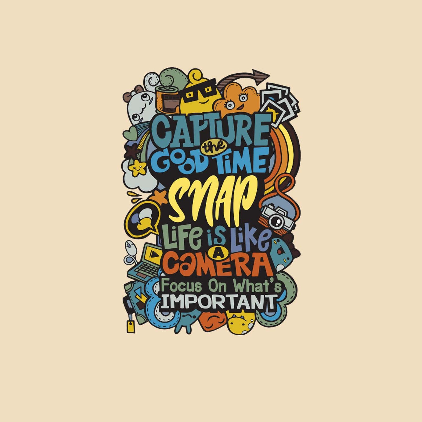 Beige Half Sleeve Round Neck Capture The Good Time Printed Regular T-Shirt