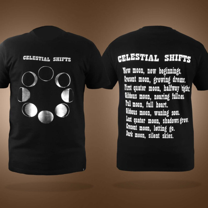 Black Half Sleeve Round Neck Celestial Shifts Printed Regular T-Shirt