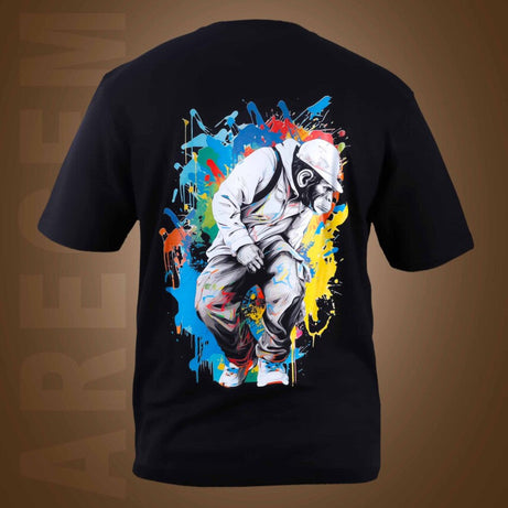 Black Half Sleeve Round Neck Colorful Monkey Printed Oversized T-Shirt