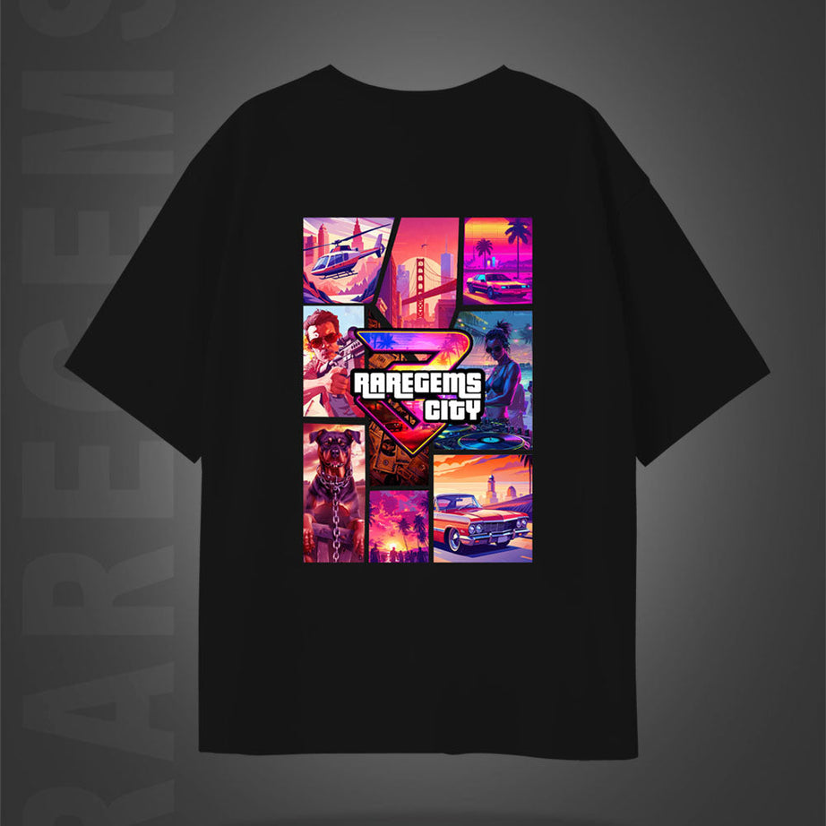 Black Half Sleeve Round Neck RareGems City Printed Oversized T-Shirt