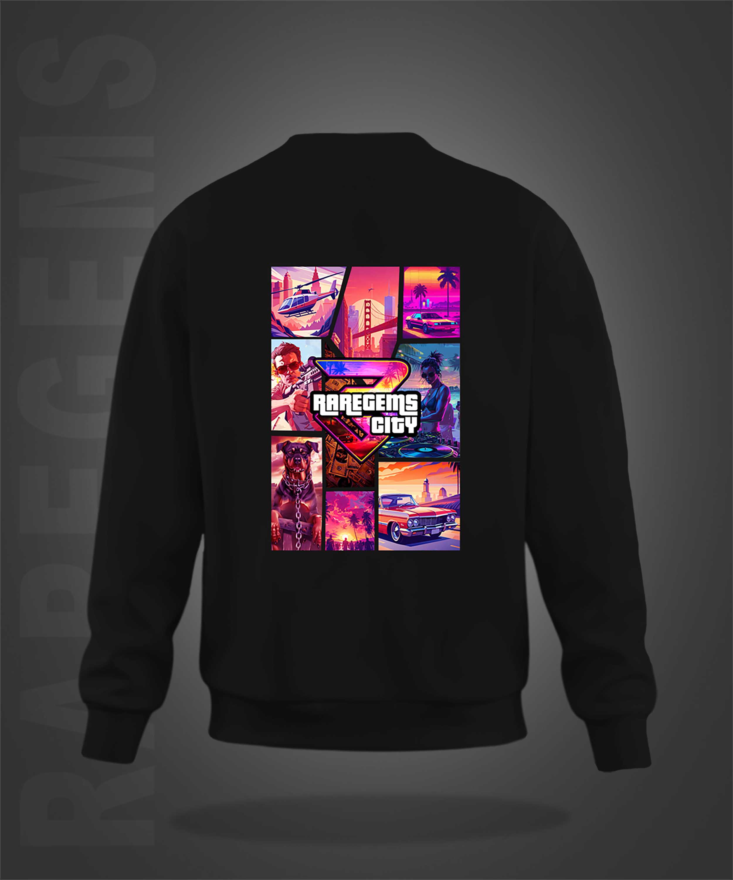 Black Round Neck RareGems City Printed Sweatshirt