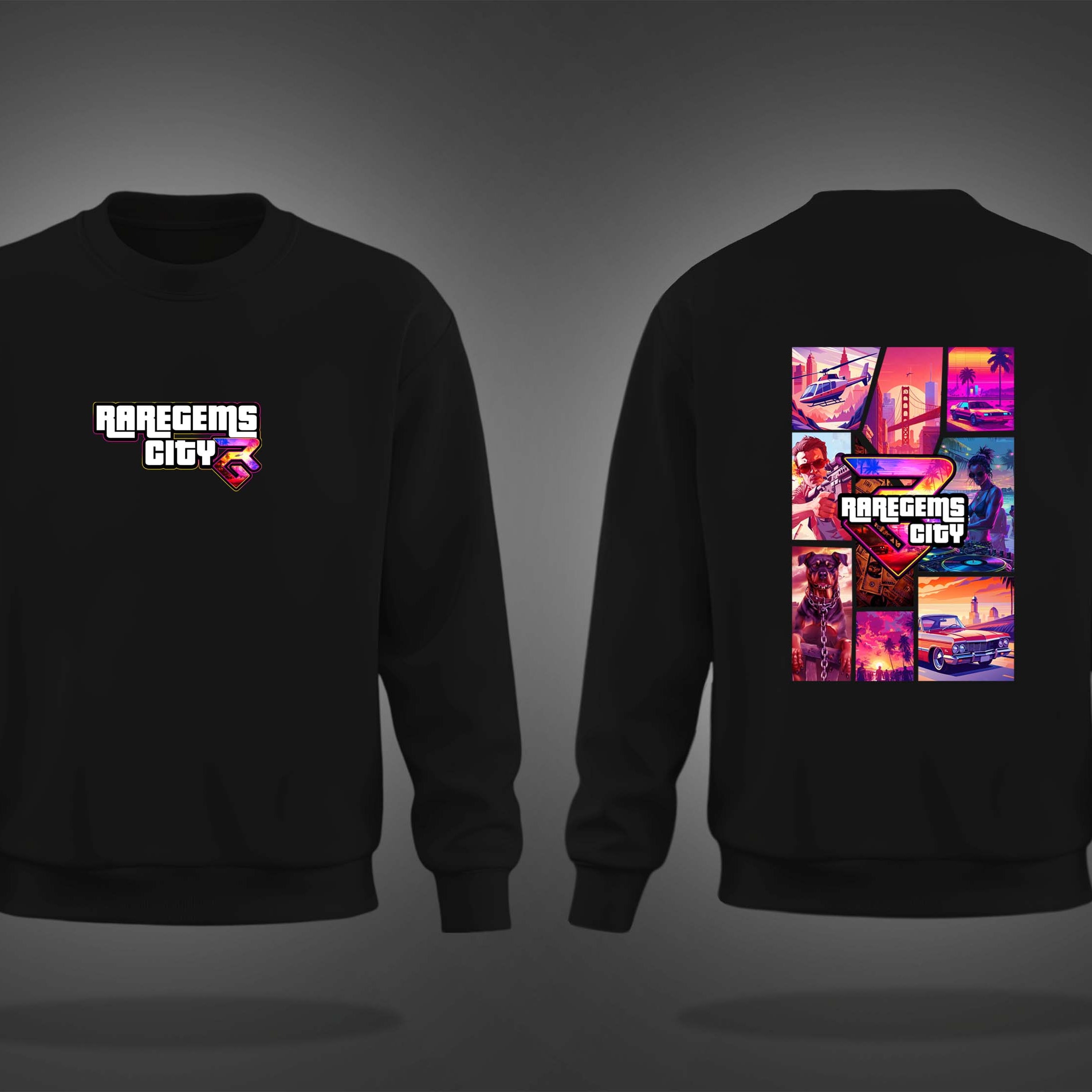 Black Round Neck RareGems City Printed Sweatshirt