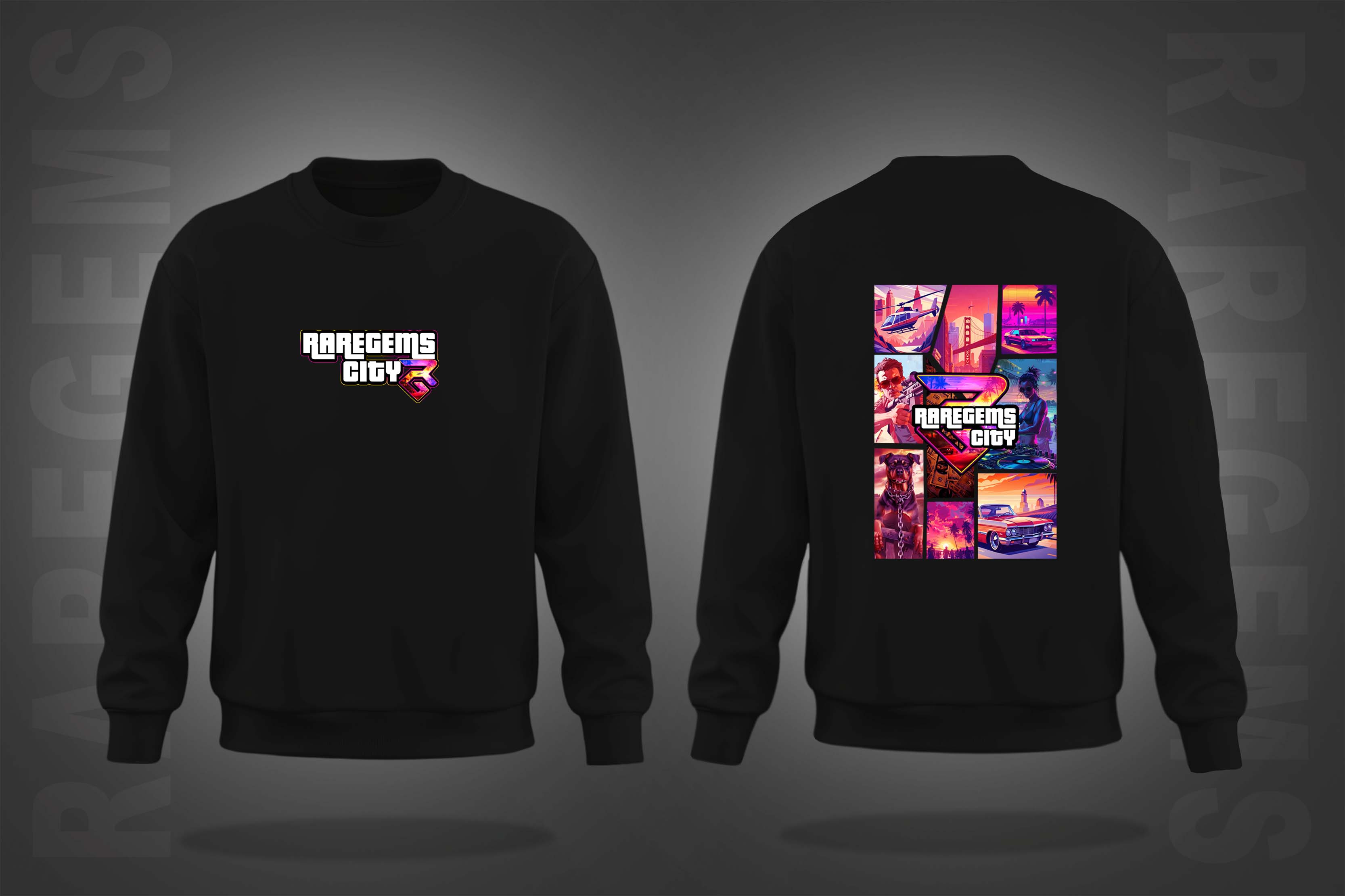 Black Round Neck RareGems City Printed Sweatshirt