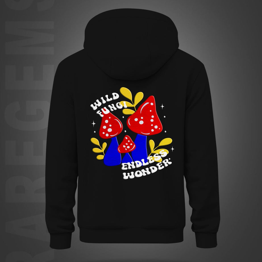 Black Wild Fungi And Mushrooms Vinyl Flock Printed Regular Hoodie