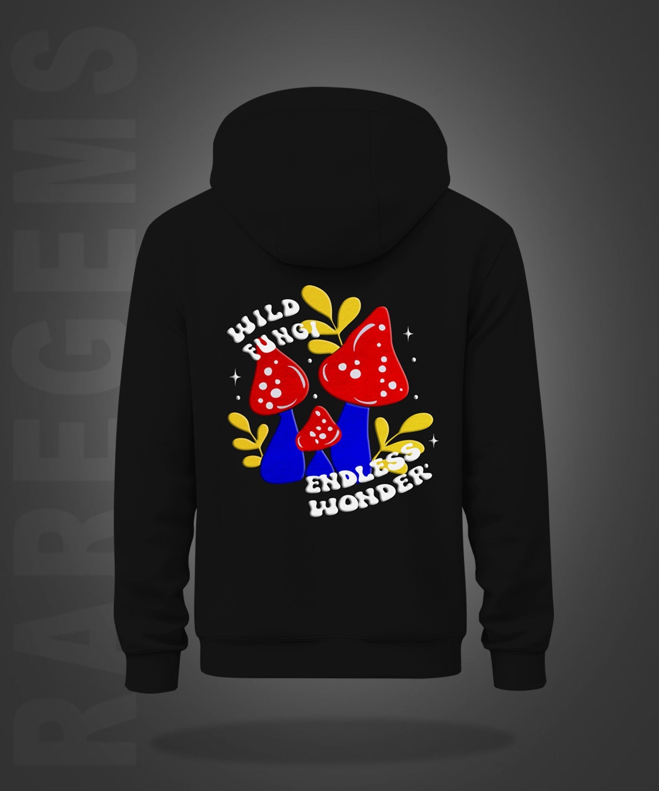 Black Wild Fungi And Mushrooms Vinyl Flock Printed Regular Hoodie