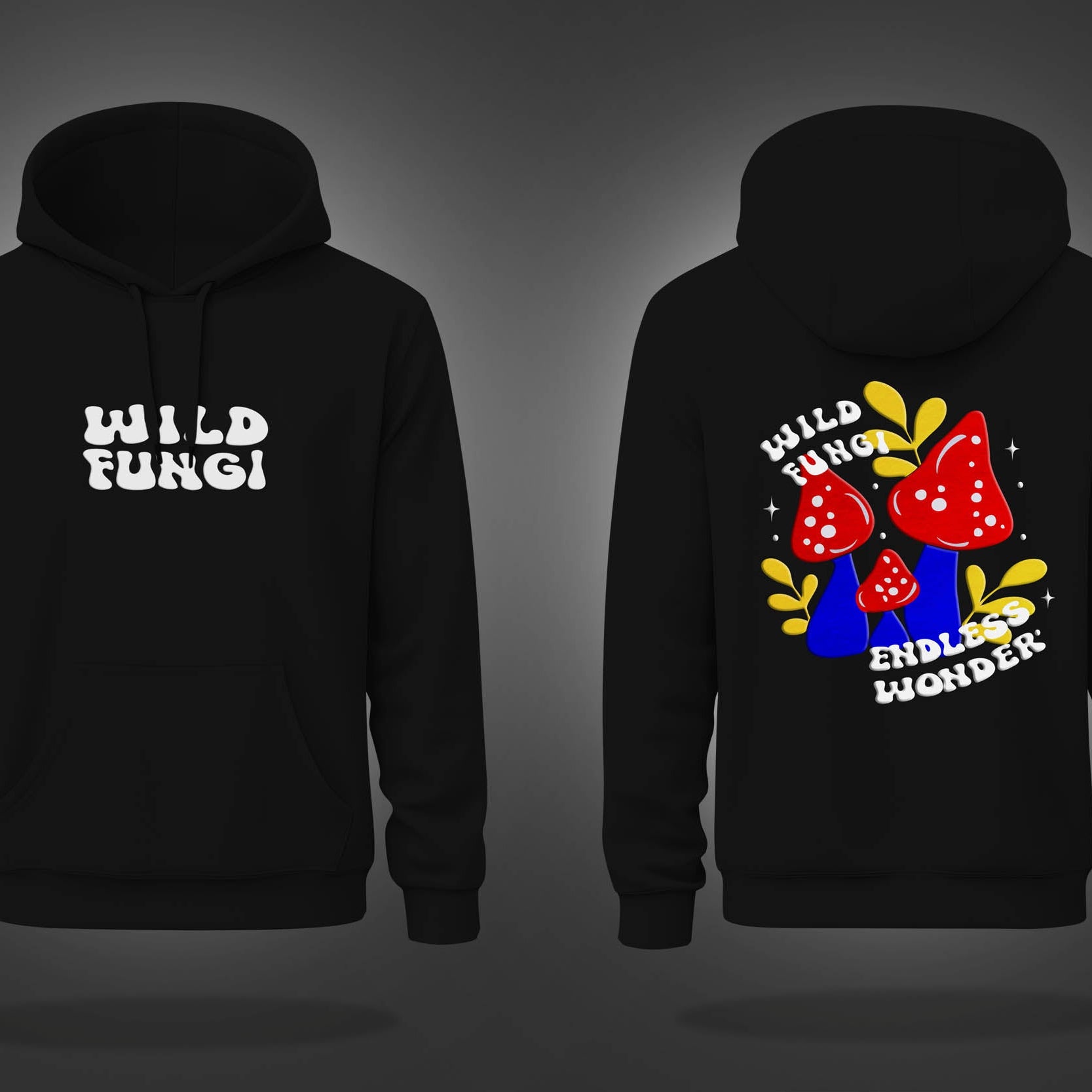 Black Wild Fungi And Mushrooms Vinyl Flock Printed Regular Hoodie