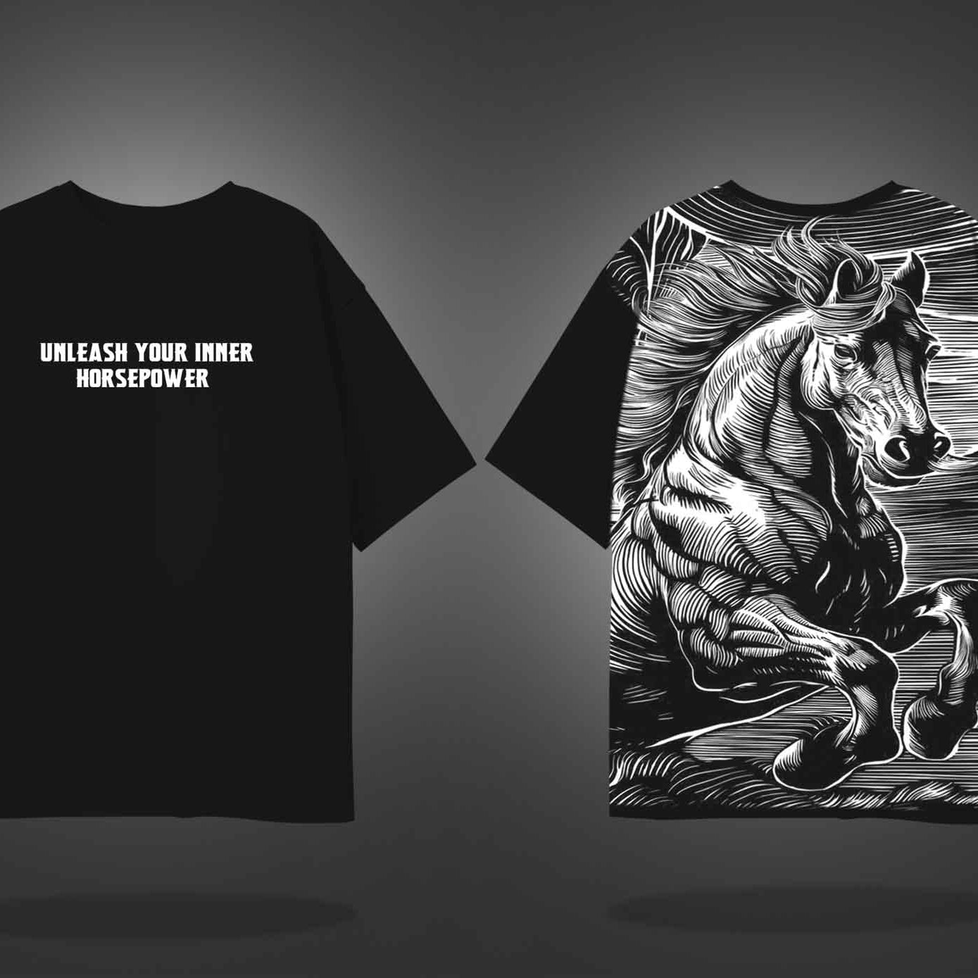 Black Half Sleeves Round Neck Powerful Horse Printed Oversized T-Shirt