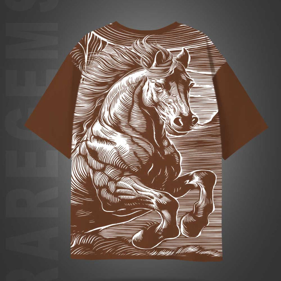 Brown Half Sleeves Round Neck Powerful Horse Printed Oversized T-Shirt