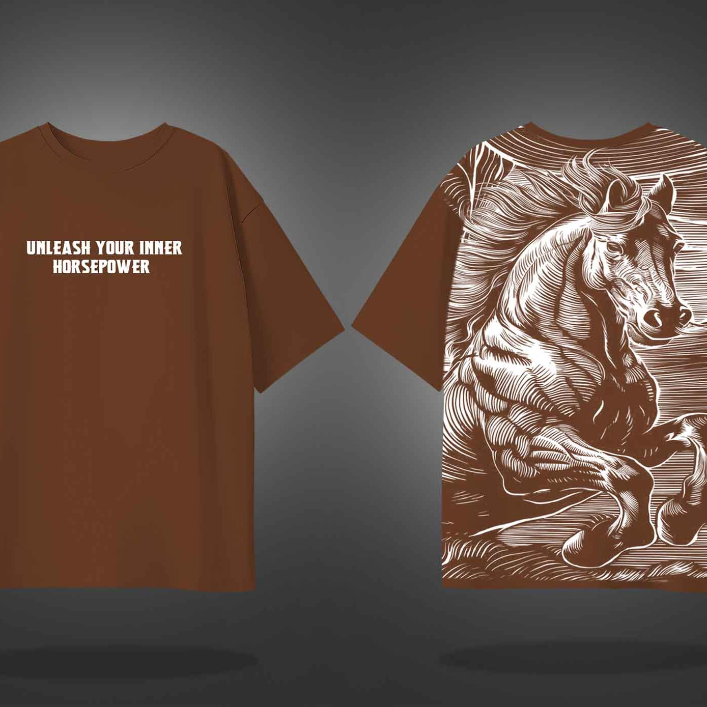 Brown Half Sleeves Round Neck Powerful Horse Printed Oversized T-Shirt