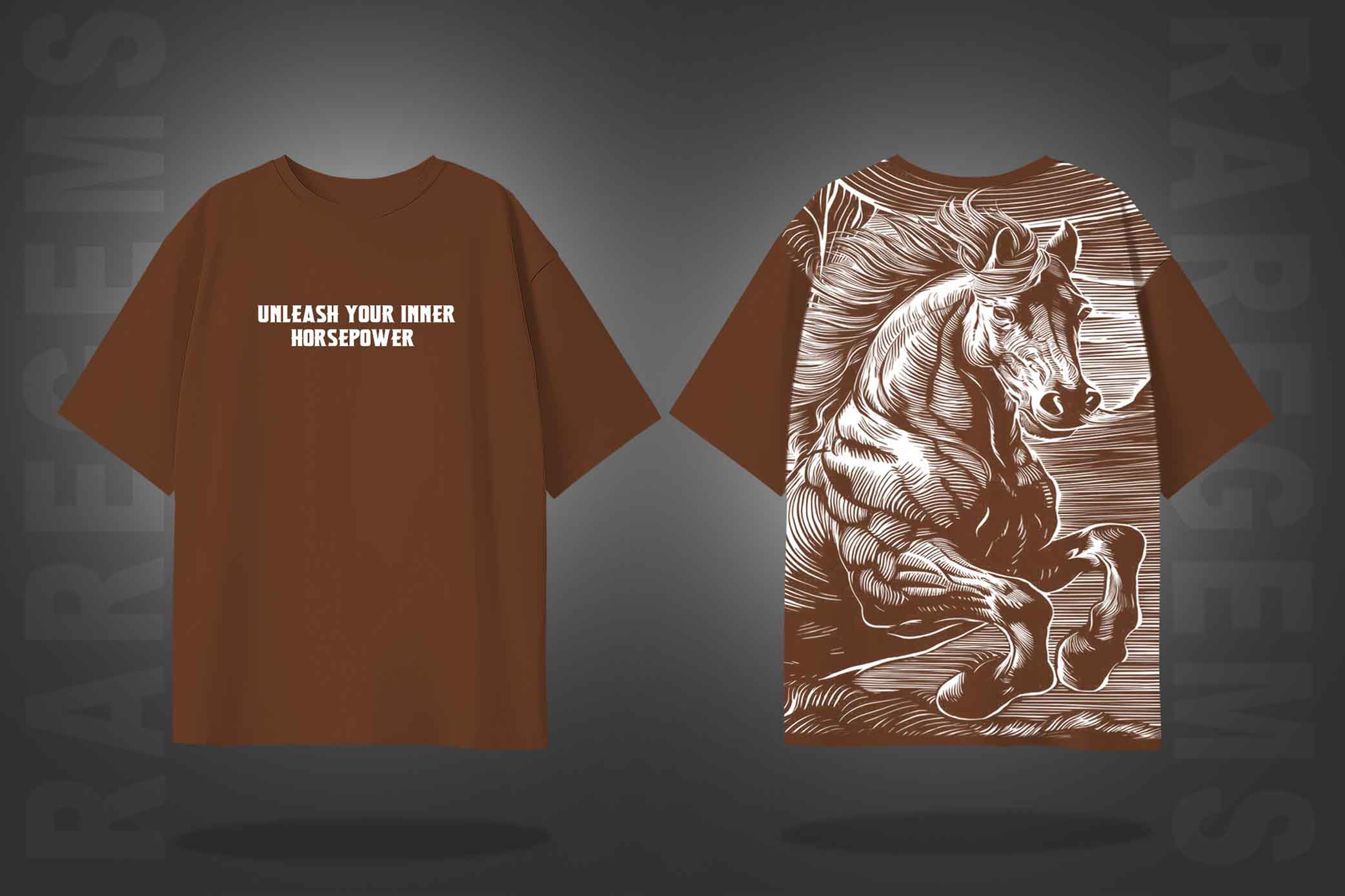Brown Half Sleeves Round Neck Powerful Horse Printed Oversized T-Shirt