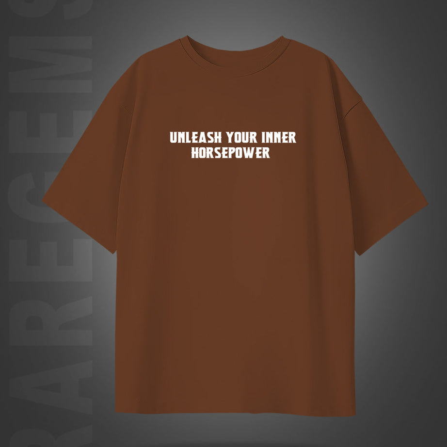 Brown Half Sleeves Round Neck Powerful Horse Printed Oversized T-Shirt