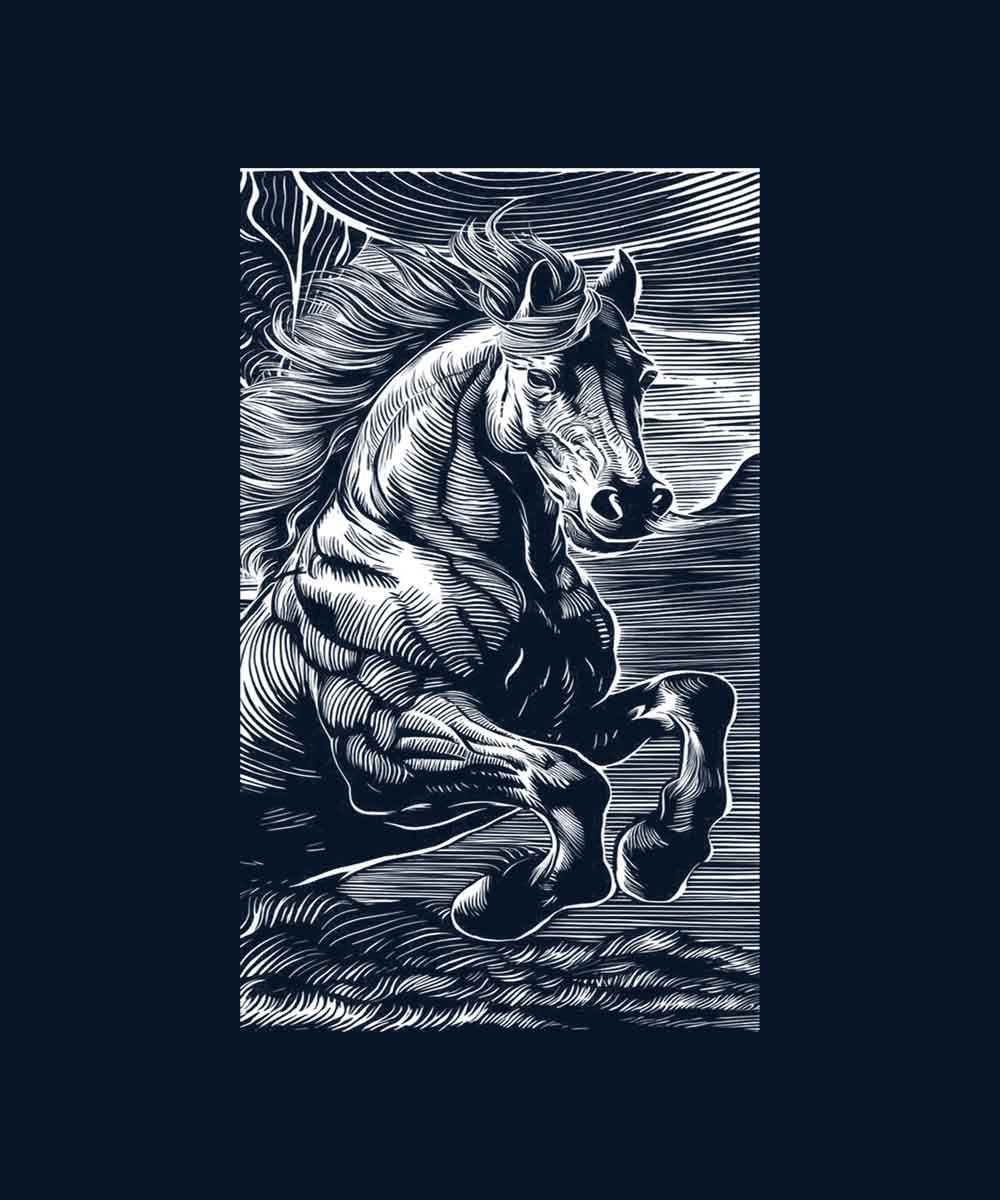 Navy Blue Half Sleeves Round Neck Powerful Horse Printed Oversized T-Shirt