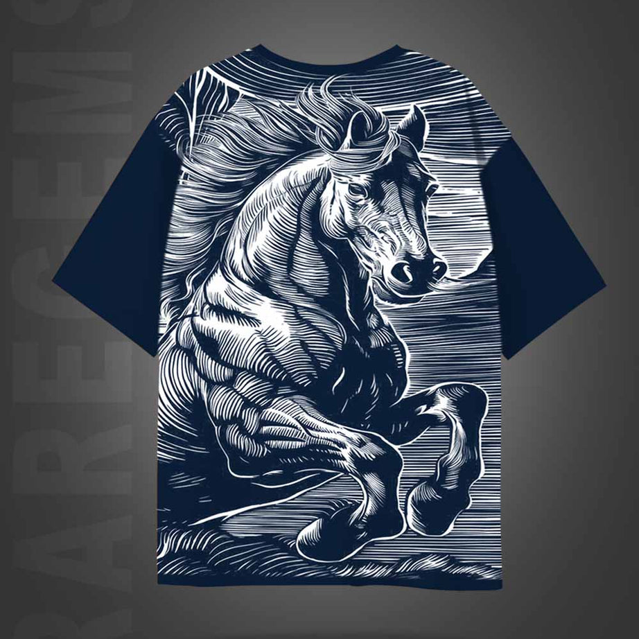 Navy Blue Half Sleeves Round Neck Powerful Horse Printed Oversized T-Shirt