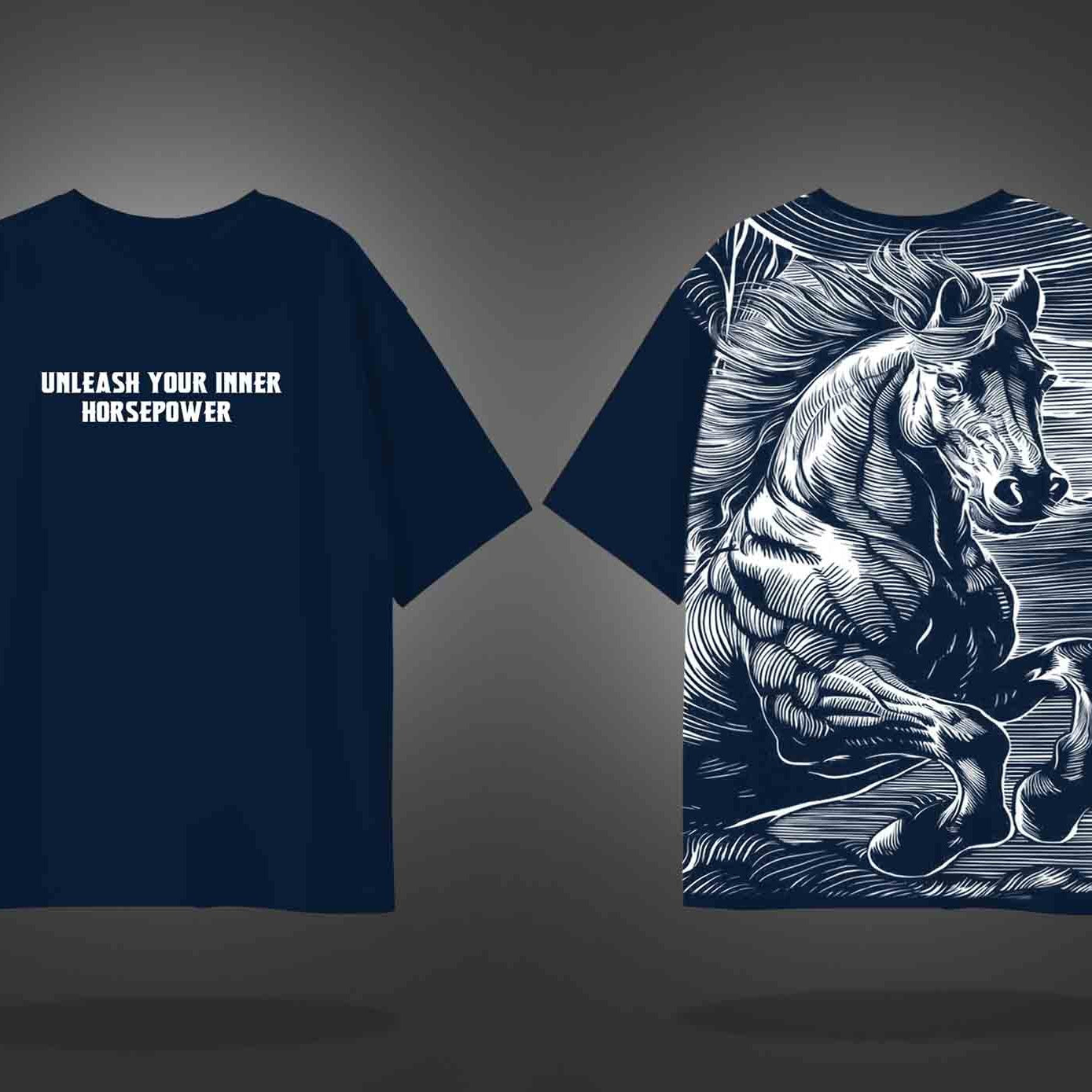 Navy Blue Half Sleeves Round Neck Powerful Horse Printed Oversized T-Shirt