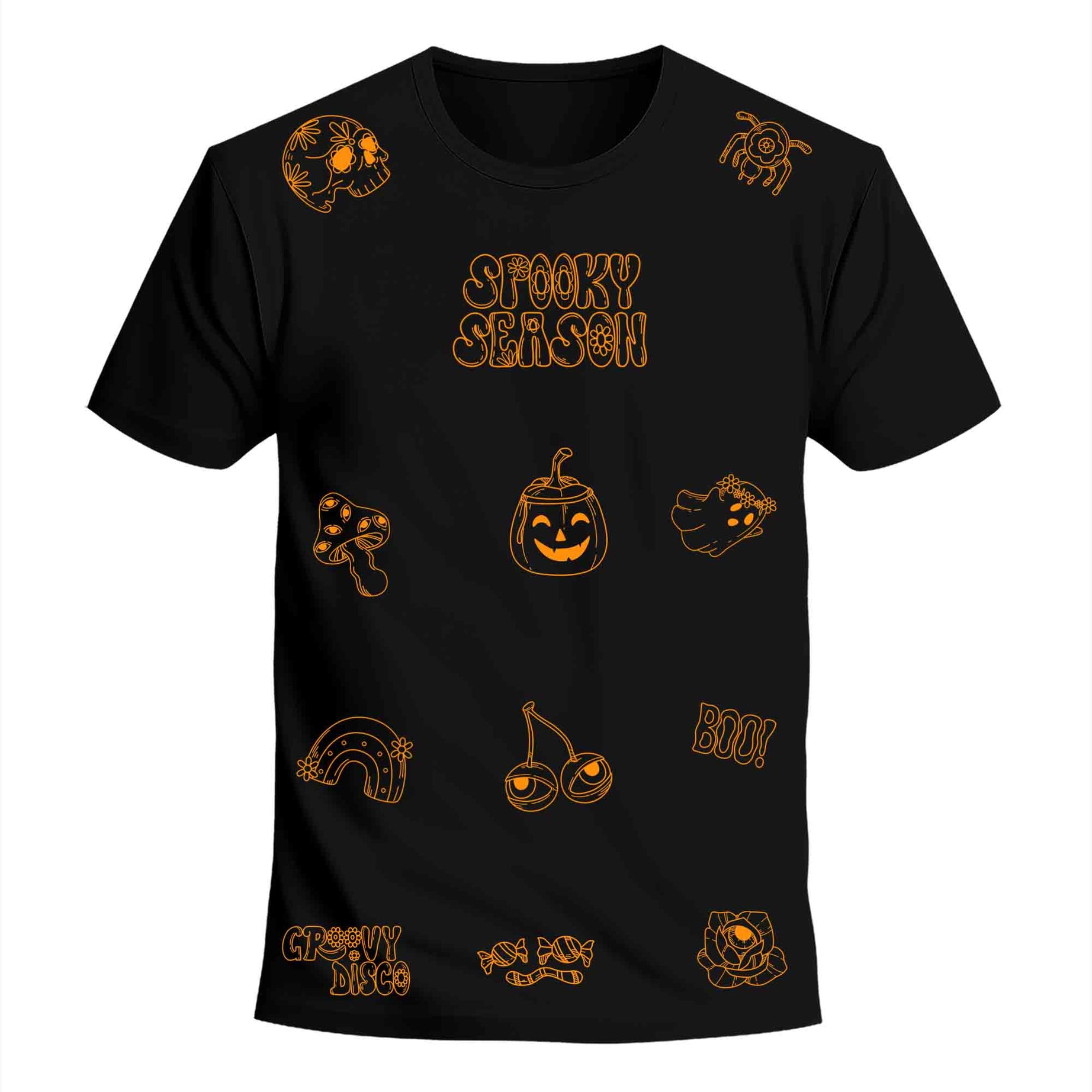 Black Half Sleeves Round Neck Spooky Season Printed Regular T-Shirt