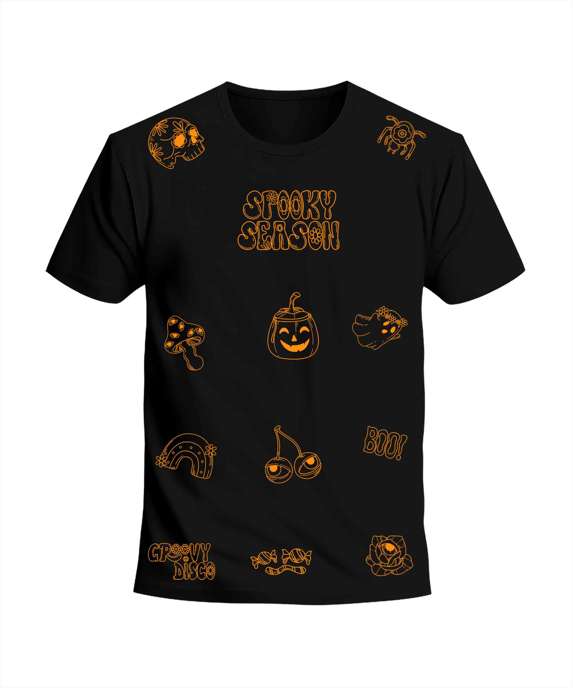 Black Half Sleeves Round Neck Spooky Season Printed Regular T-Shirt