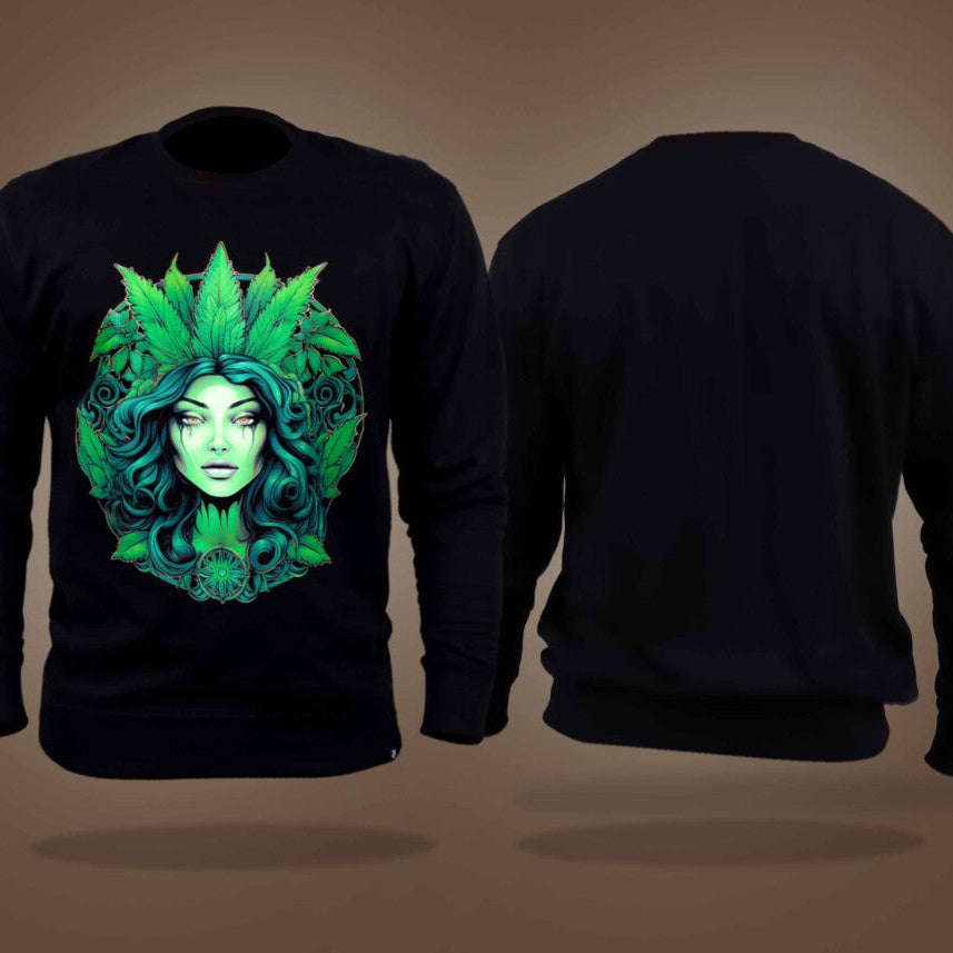 Black Round Neck Lady Surrounded By Green Leaves Printed Sweatshirt