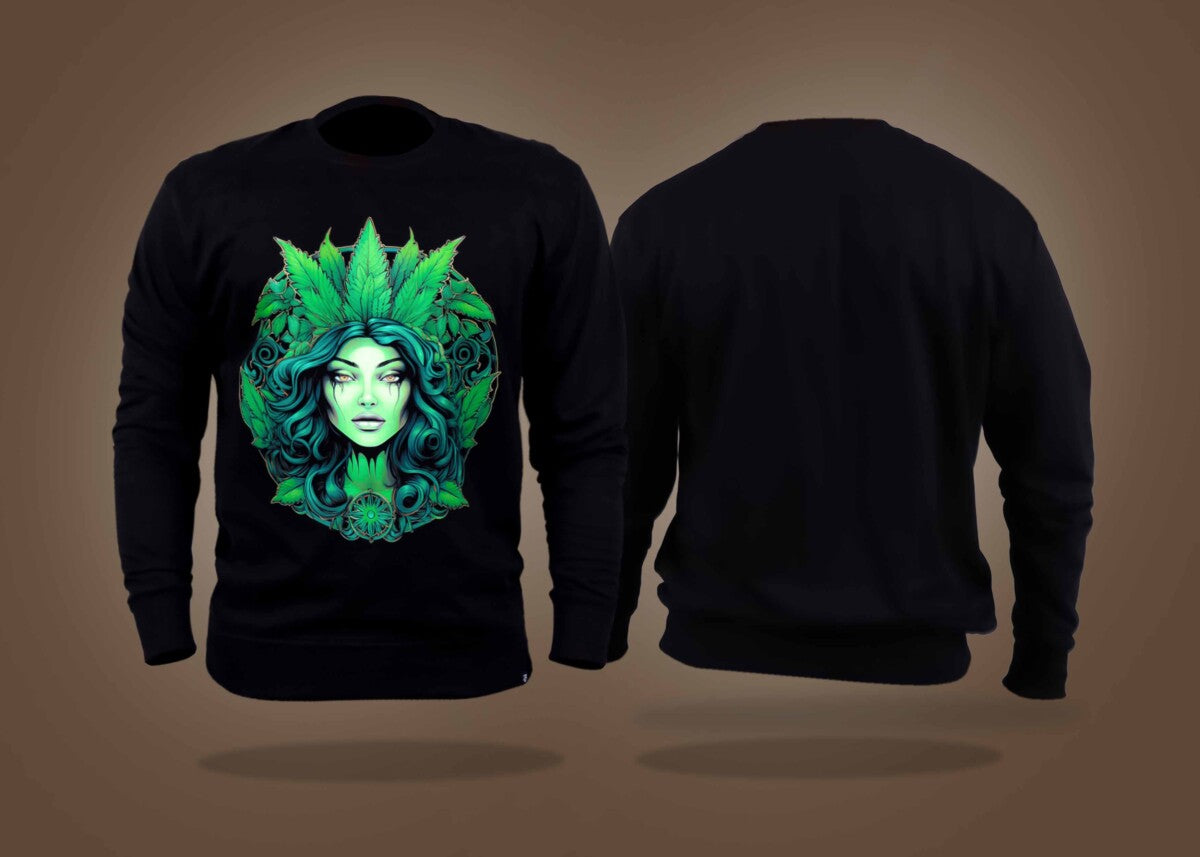 Black Round Neck Lady Surrounded By Green Leaves Printed Sweatshirt