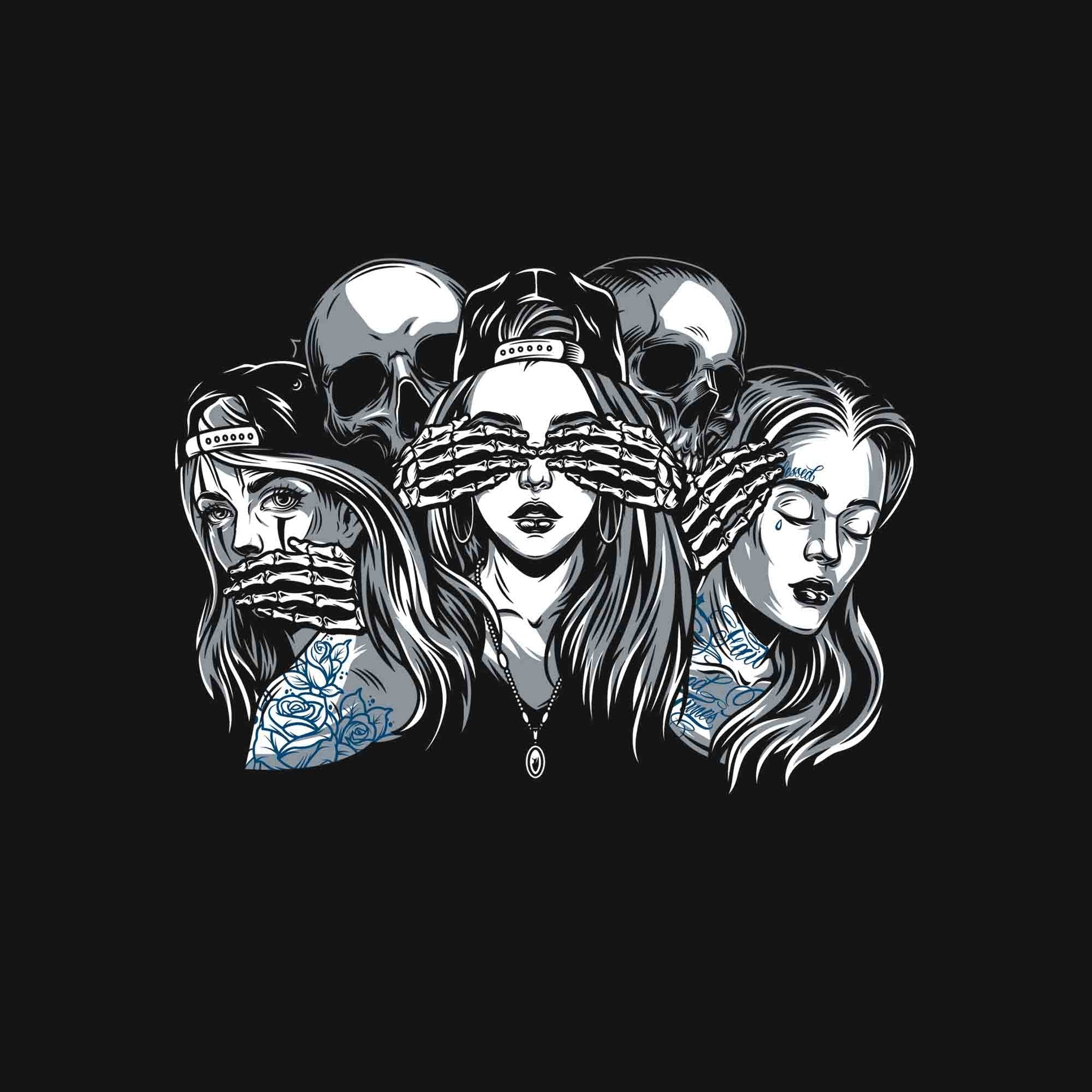 Black Three Girls Two Skulls Printed Joggers