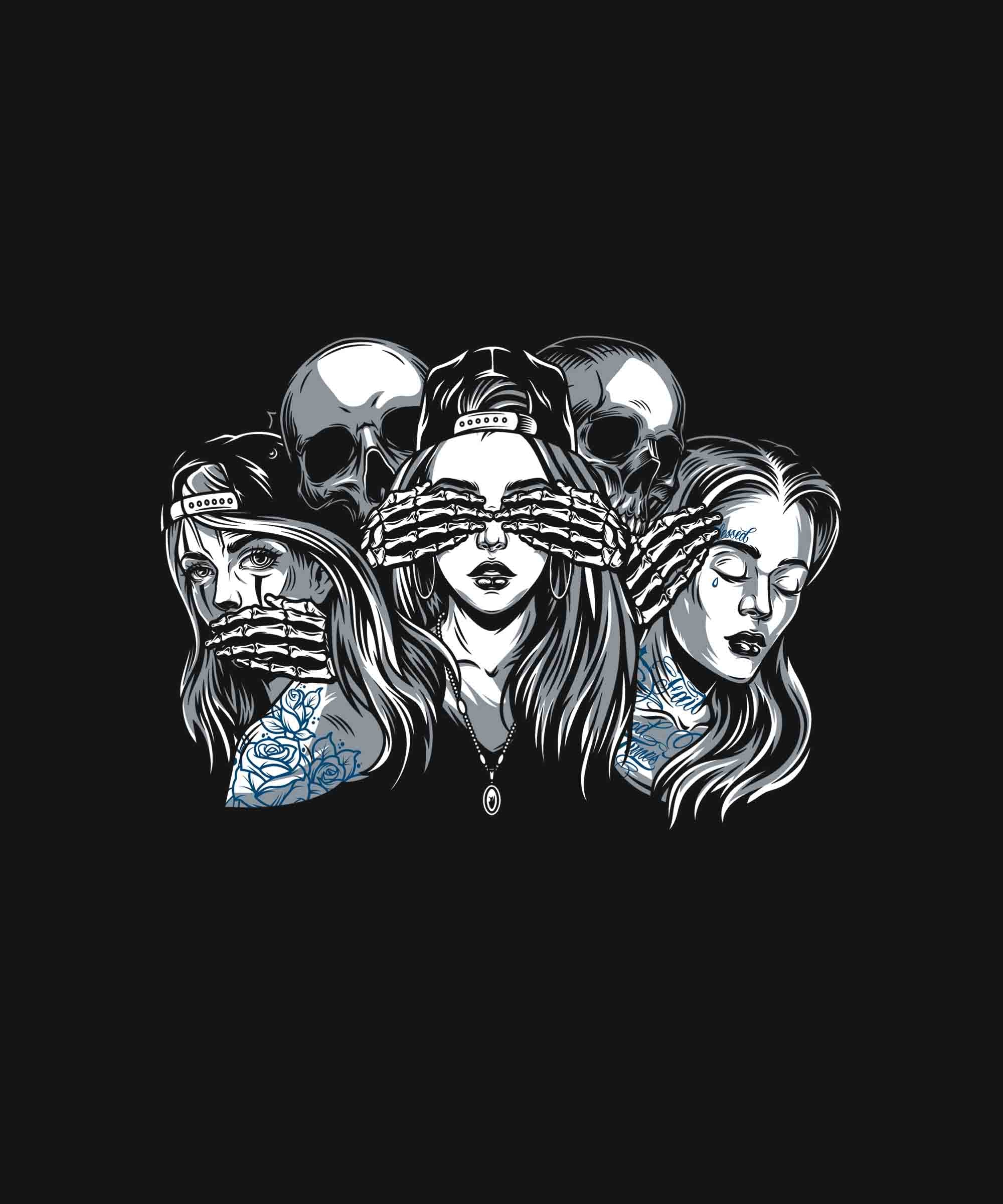 Black Three Girls Two Skulls Printed Joggers