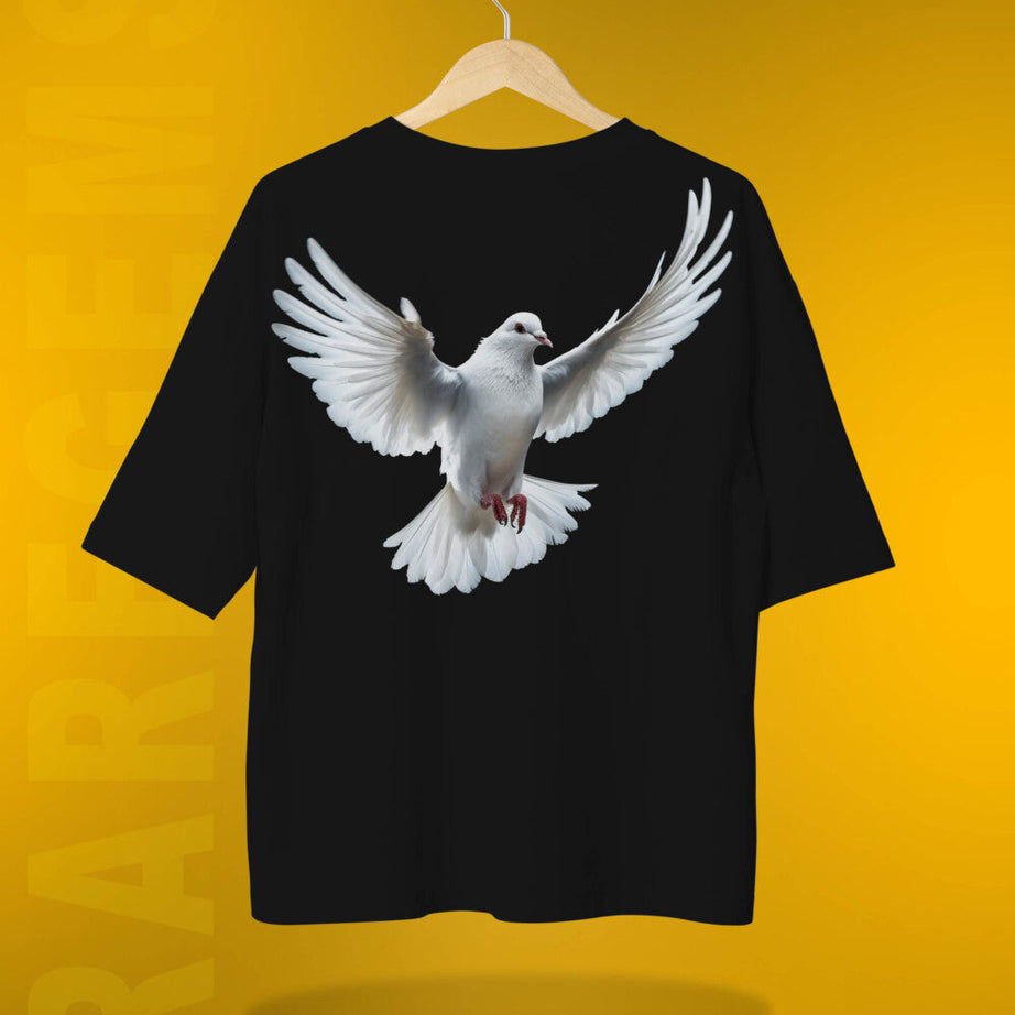 Black Half Sleeves Dove Love And Peace Printed Oversized T-Shirt
