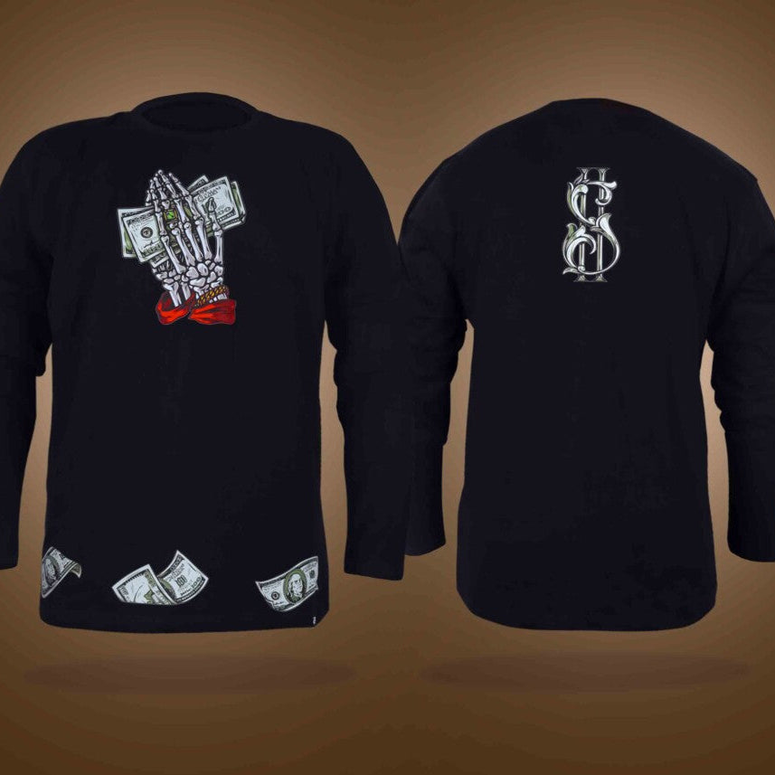 Black Round Neck Full Sleeves Dollars Printed T-Shirt