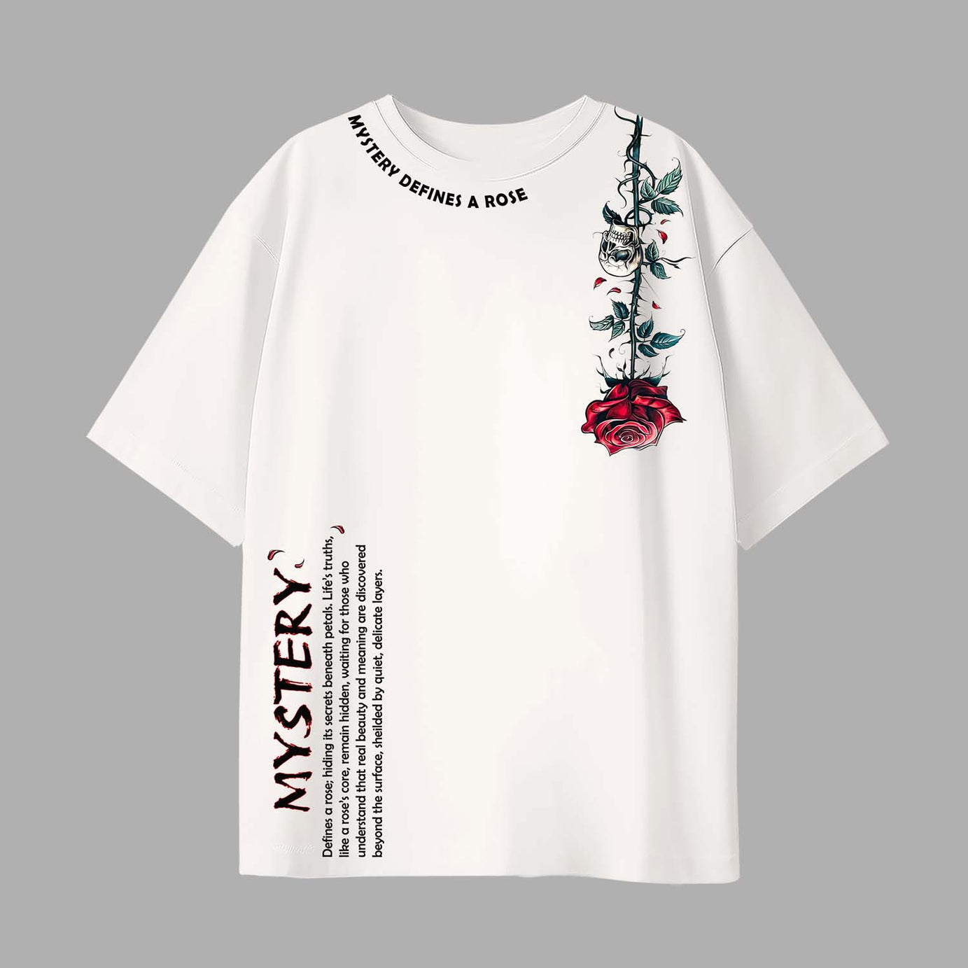 Off White Half Sleeves Mystery And Rose Printed Oversized T-Shirt