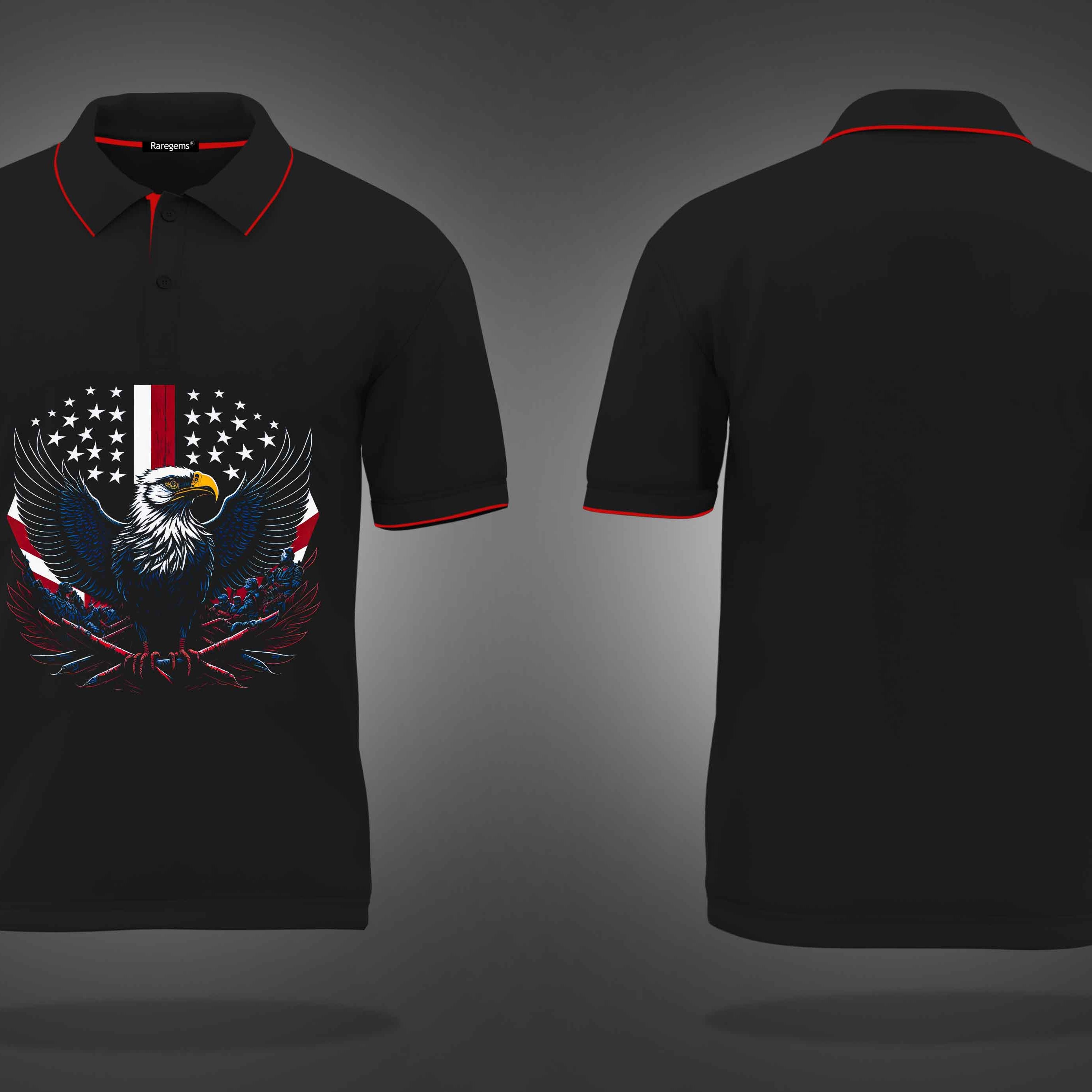 Black Eagle And American Flag Printed Polo T-Shirt
