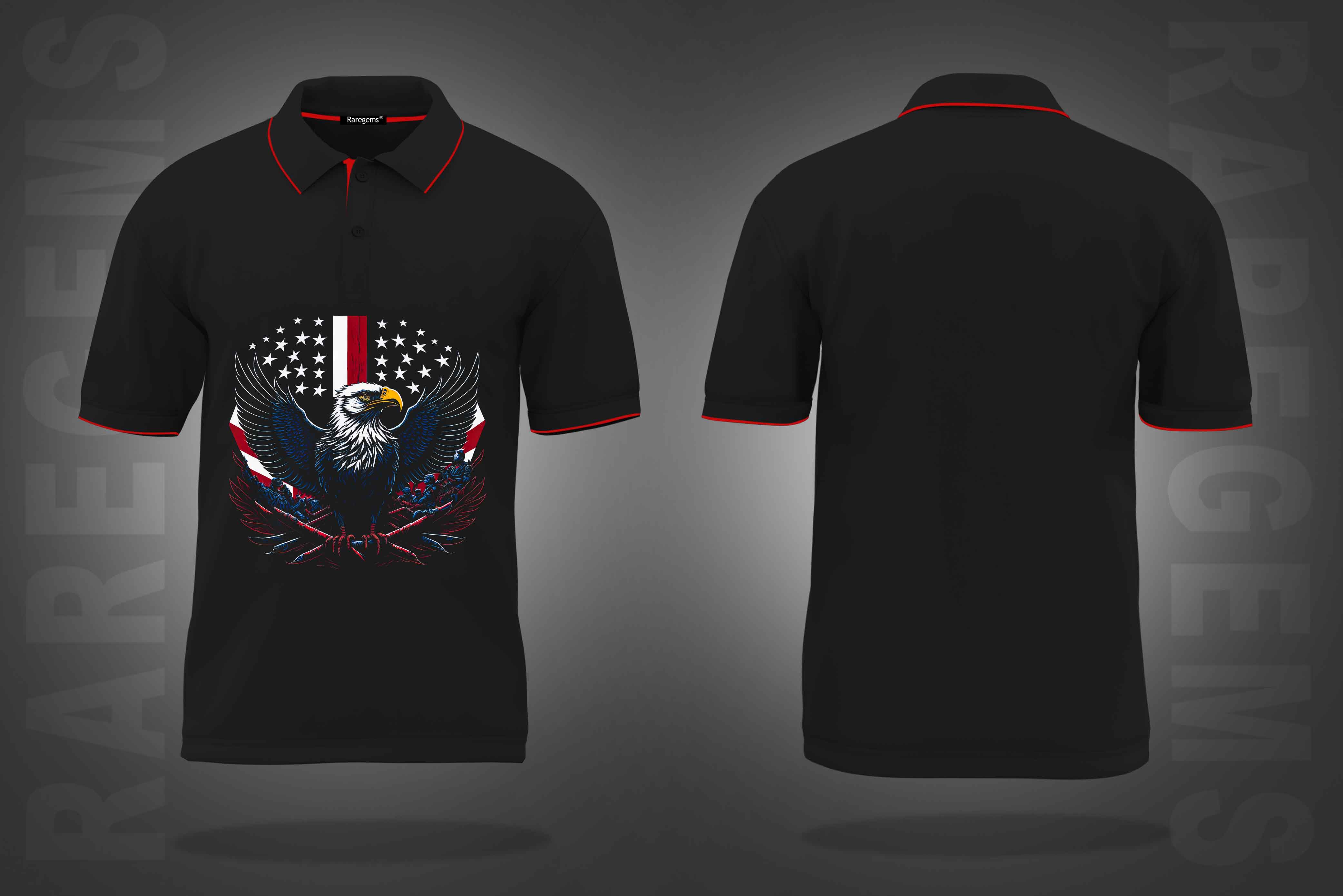 Black Eagle And American Flag Printed Polo T-Shirt