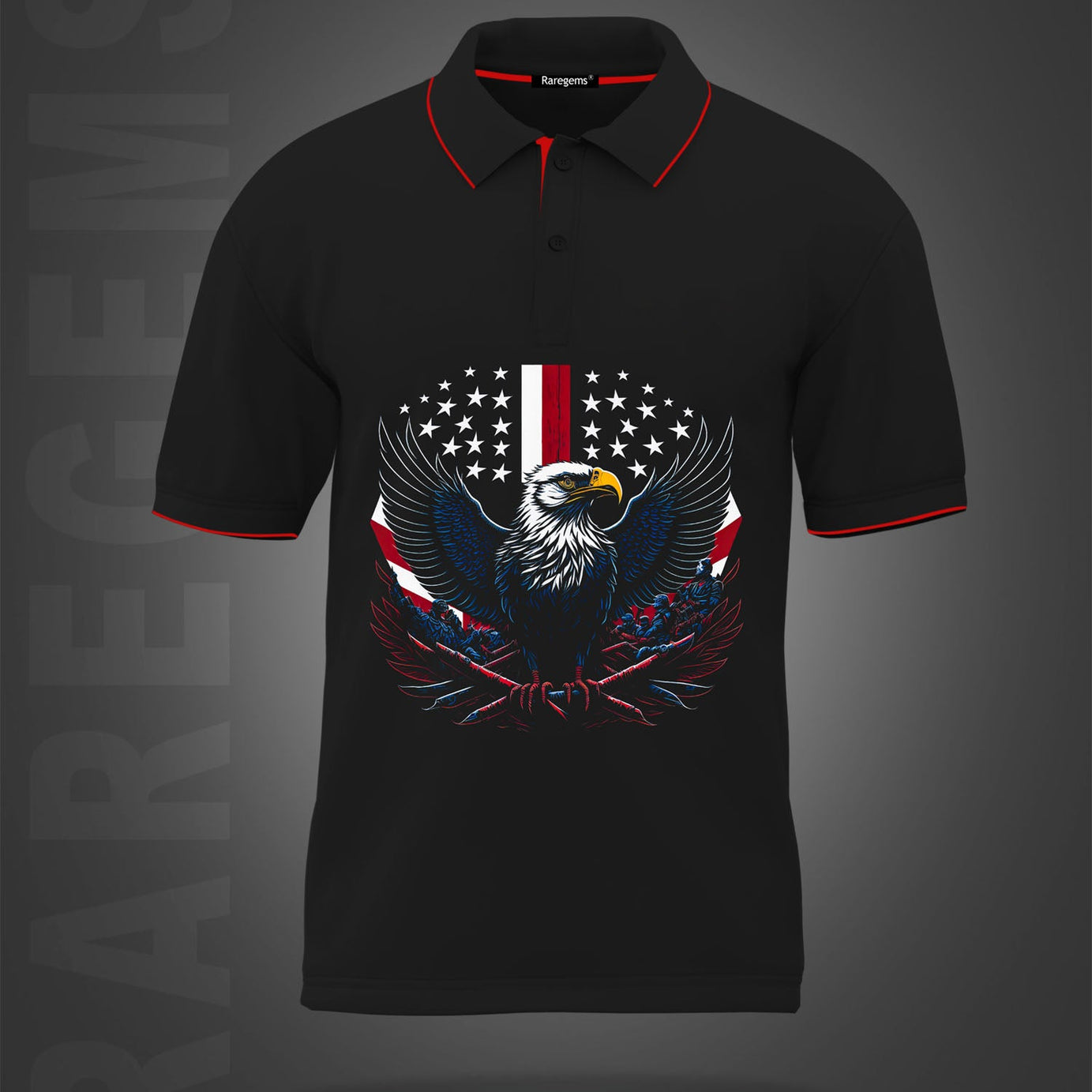 Black Eagle And American Flag Printed Polo T-Shirt