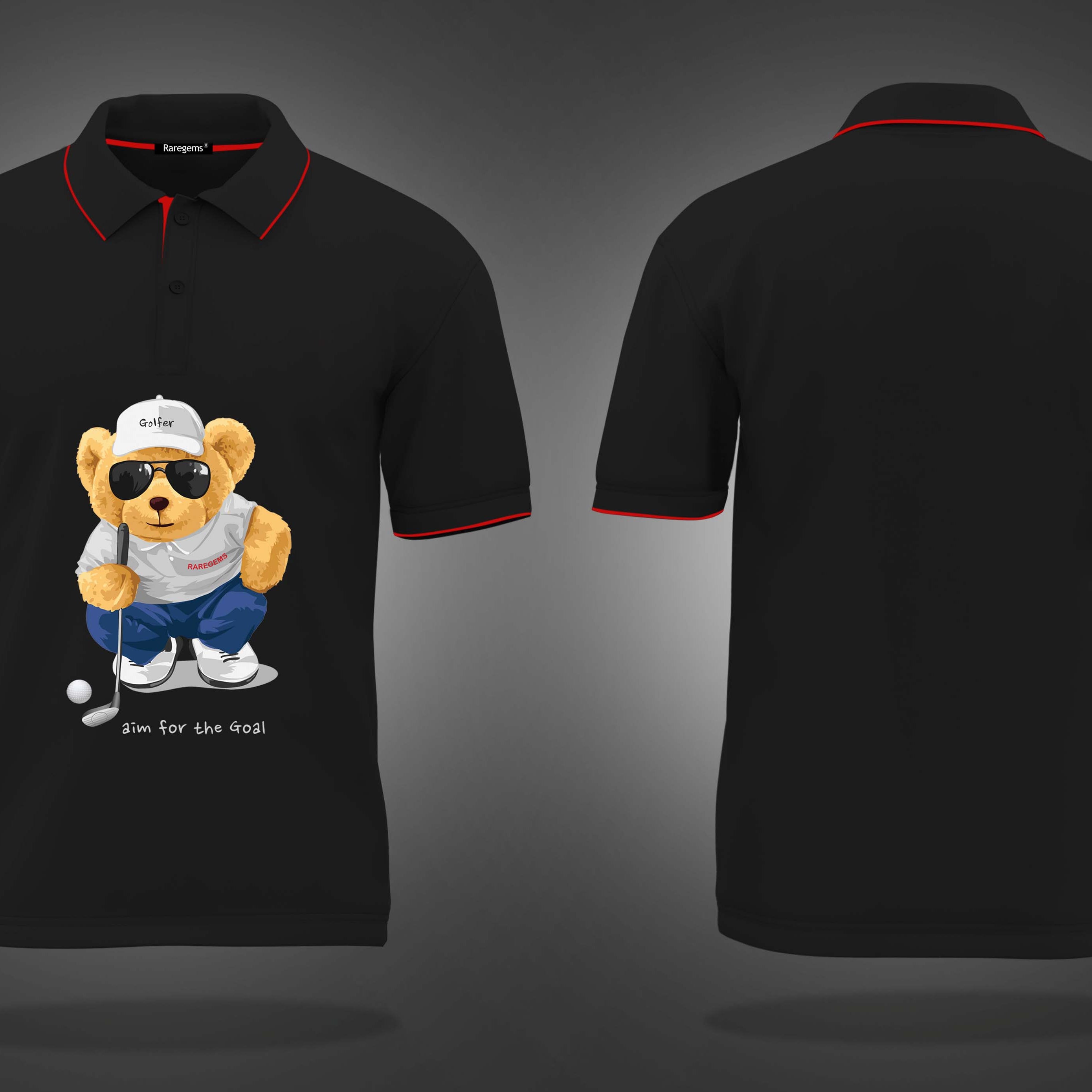 Black Cool Golfer Teddy Bear Printed Polo T-Shirt