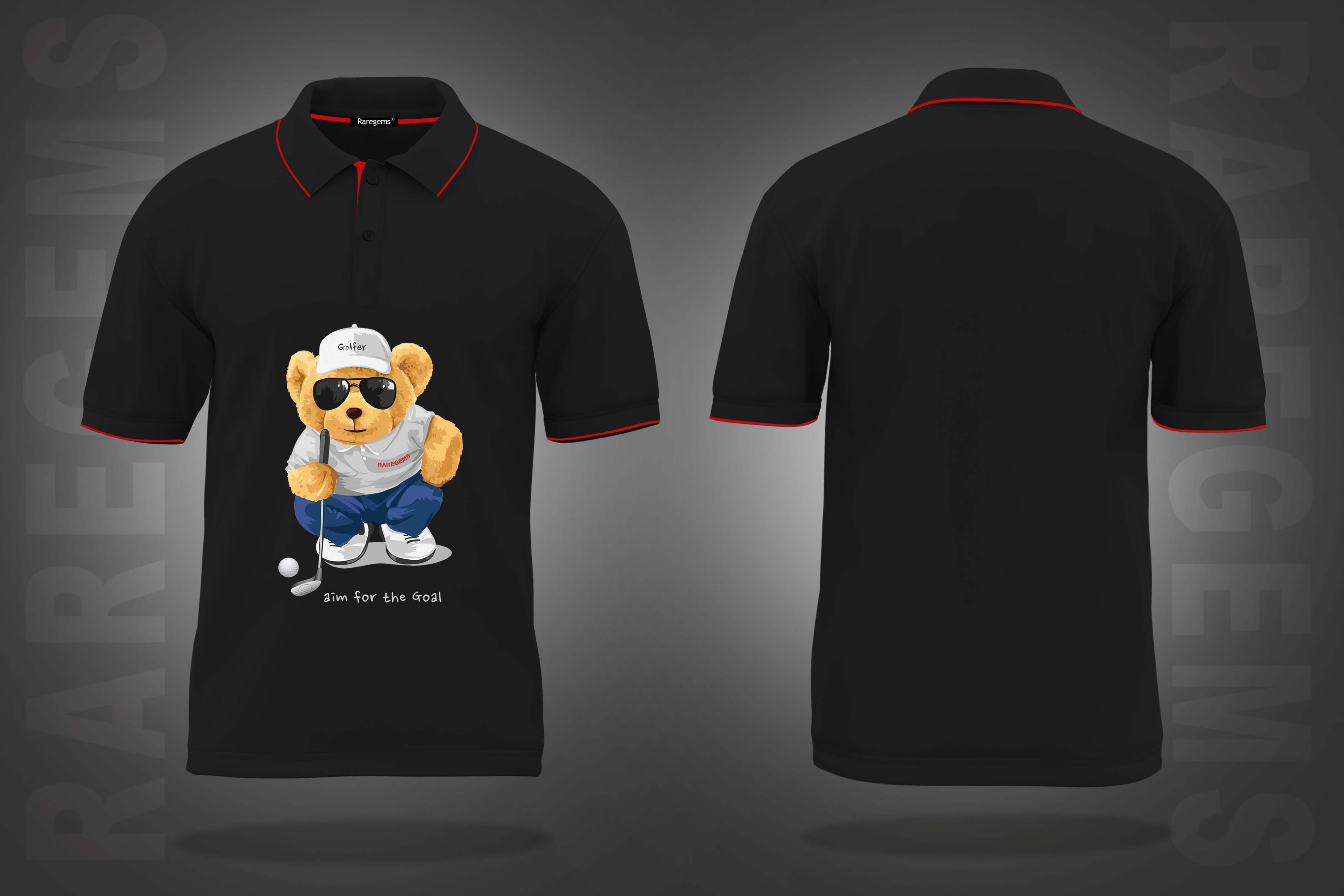 Black Cool Golfer Teddy Bear Printed Polo T-Shirt