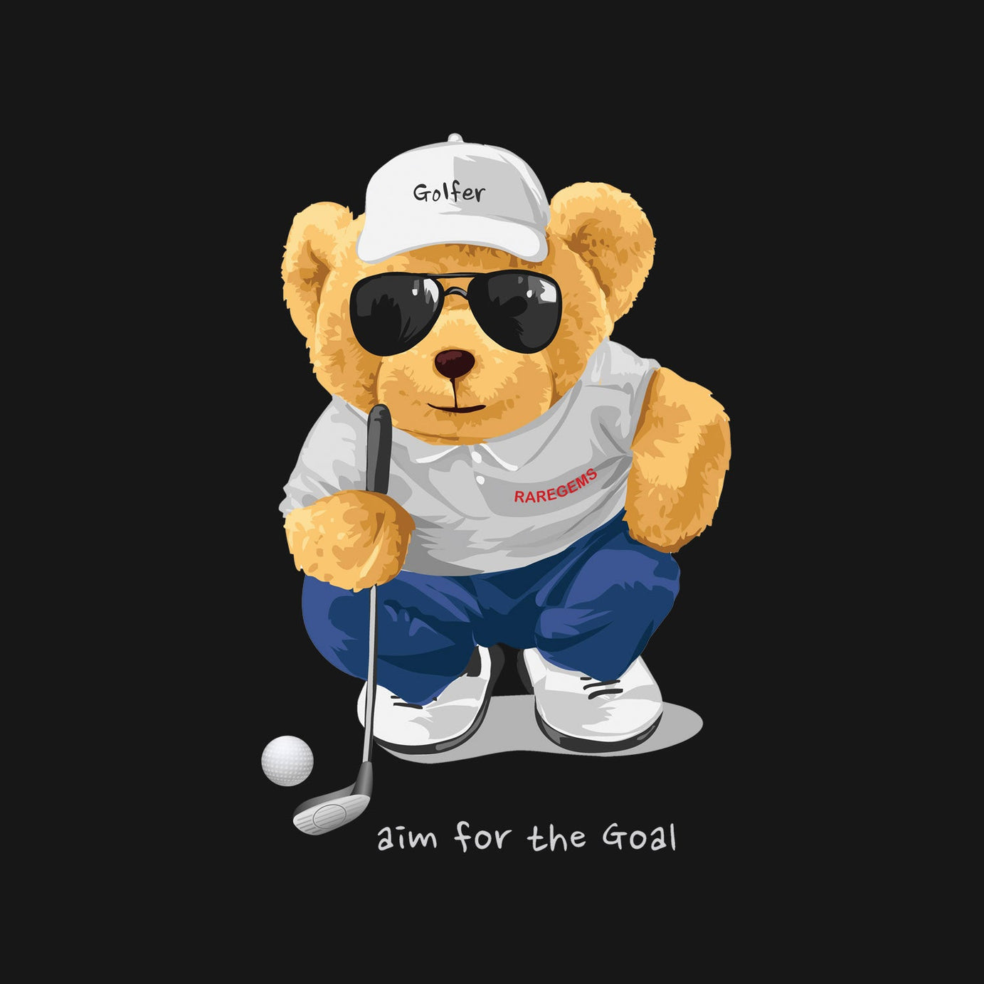 Black Cool Golfer Teddy Bear Printed Polo T-Shirt