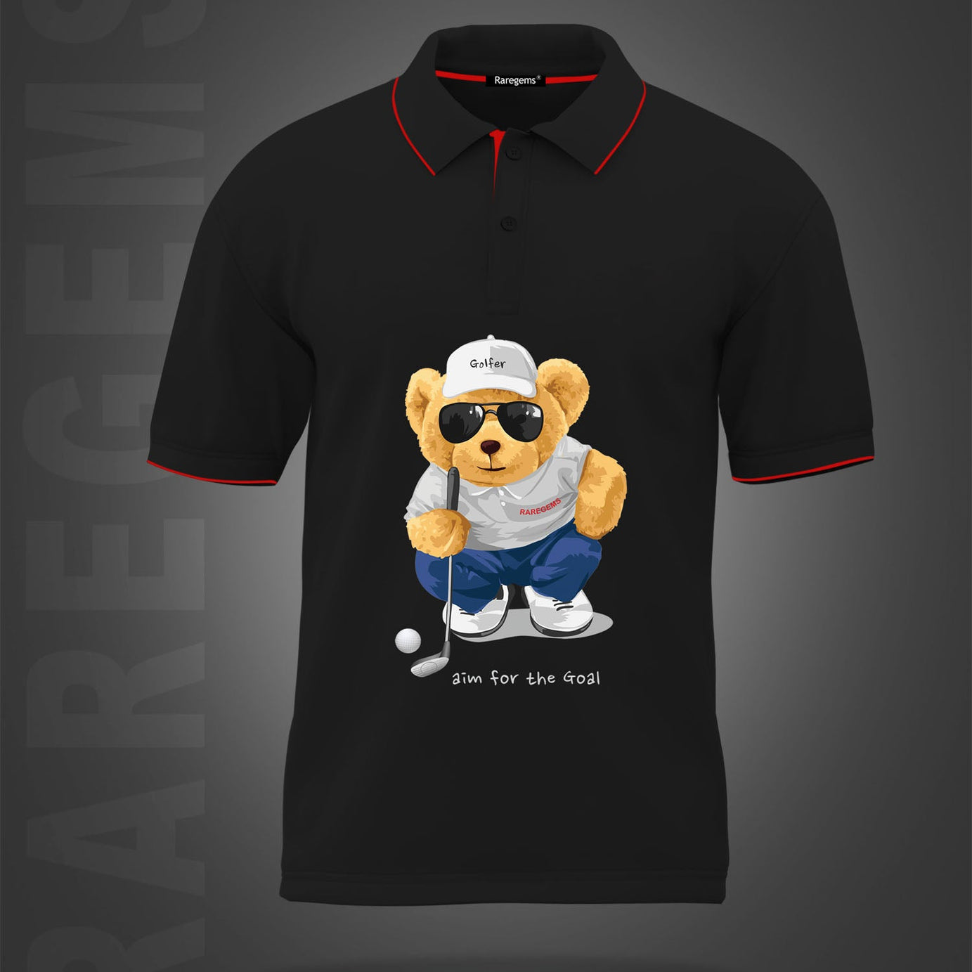 Black Cool Golfer Teddy Bear Printed Polo T-Shirt