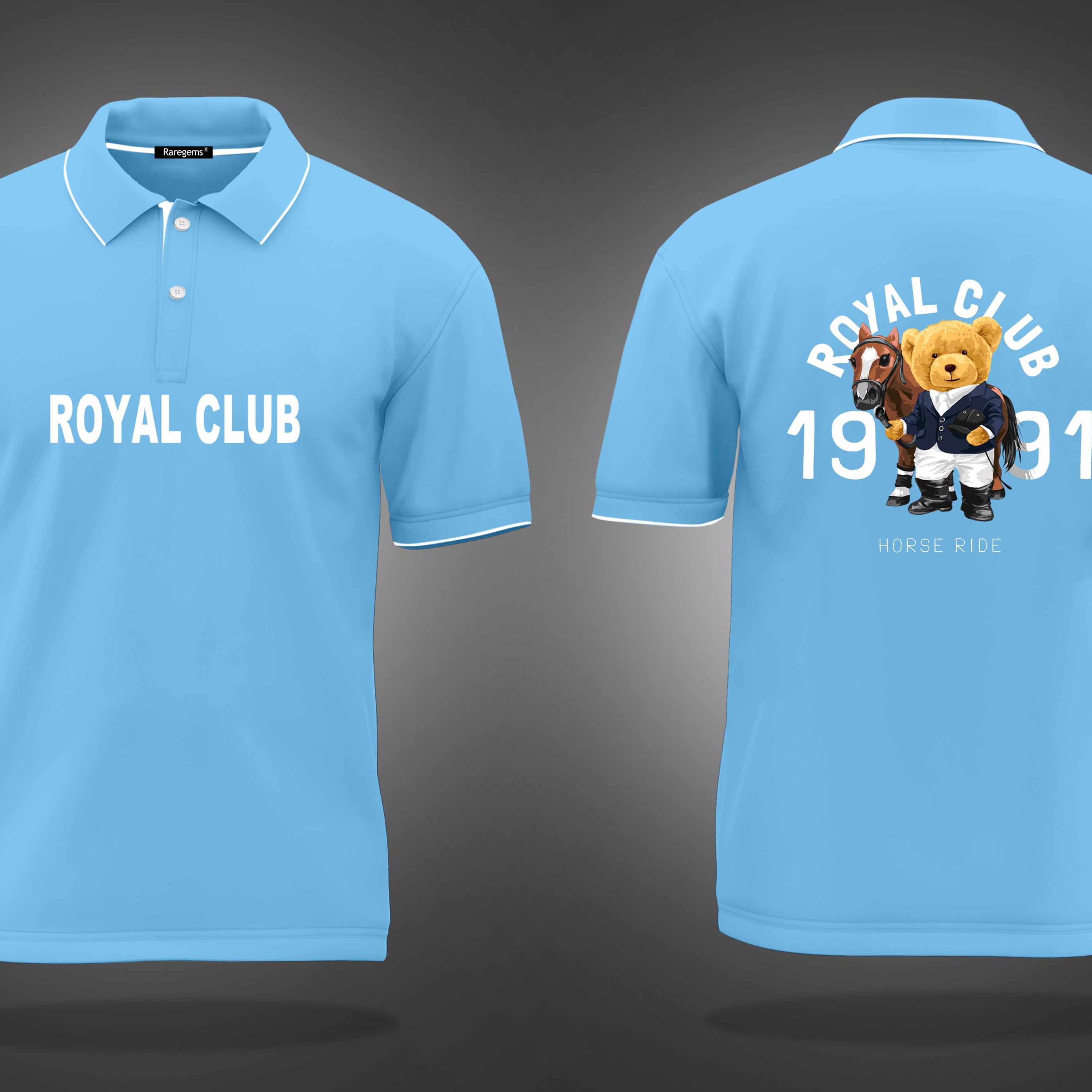 Sky Blue Royal Club Teddy With Horse Printed Polo T-Shirt