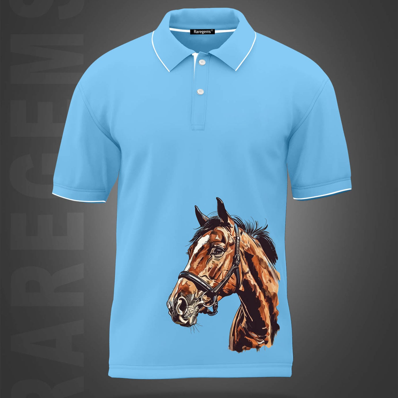 Sky Blue Horse Printed Polo T-Shirt