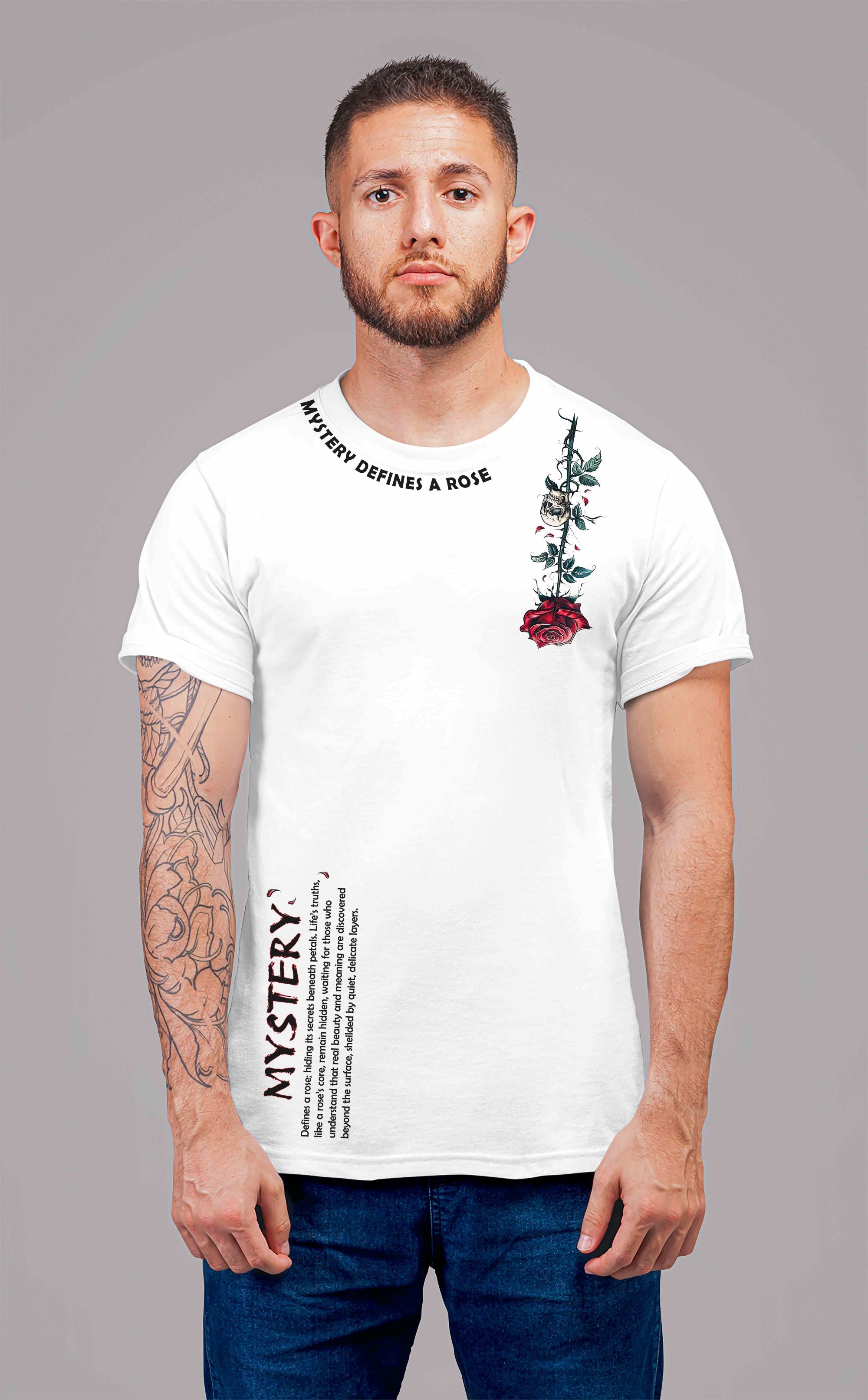 White Half Sleeves Round Neck Mystery And Rose Printed Regular T-Shirt