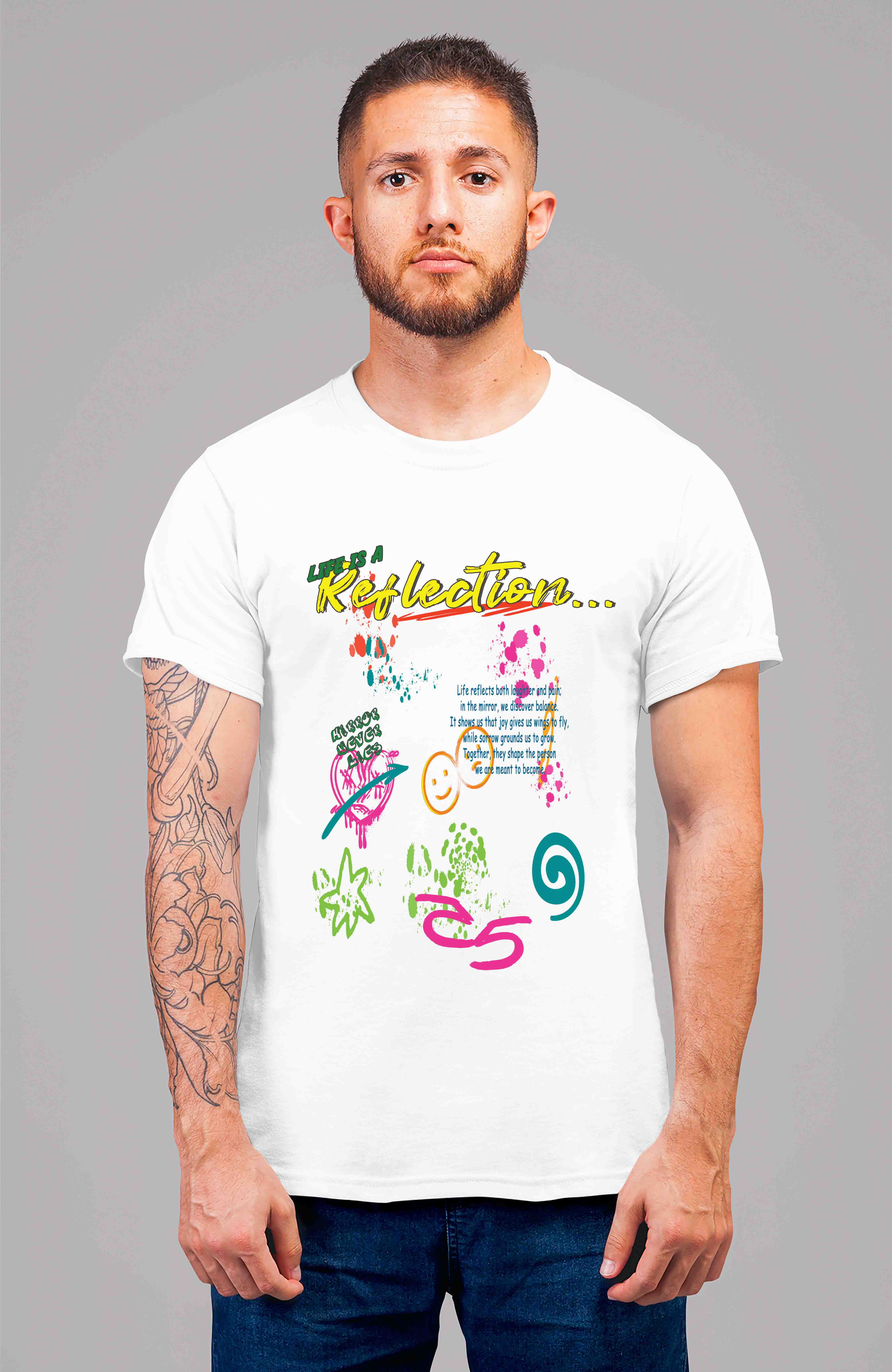 White Half Sleeves Round Neck Reflection Printed Regular T-Shirt