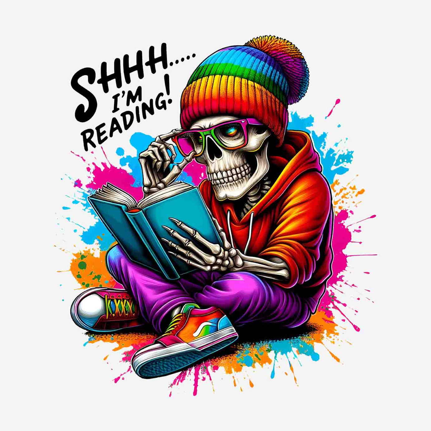 White Skeleton Reader Printed Shorts