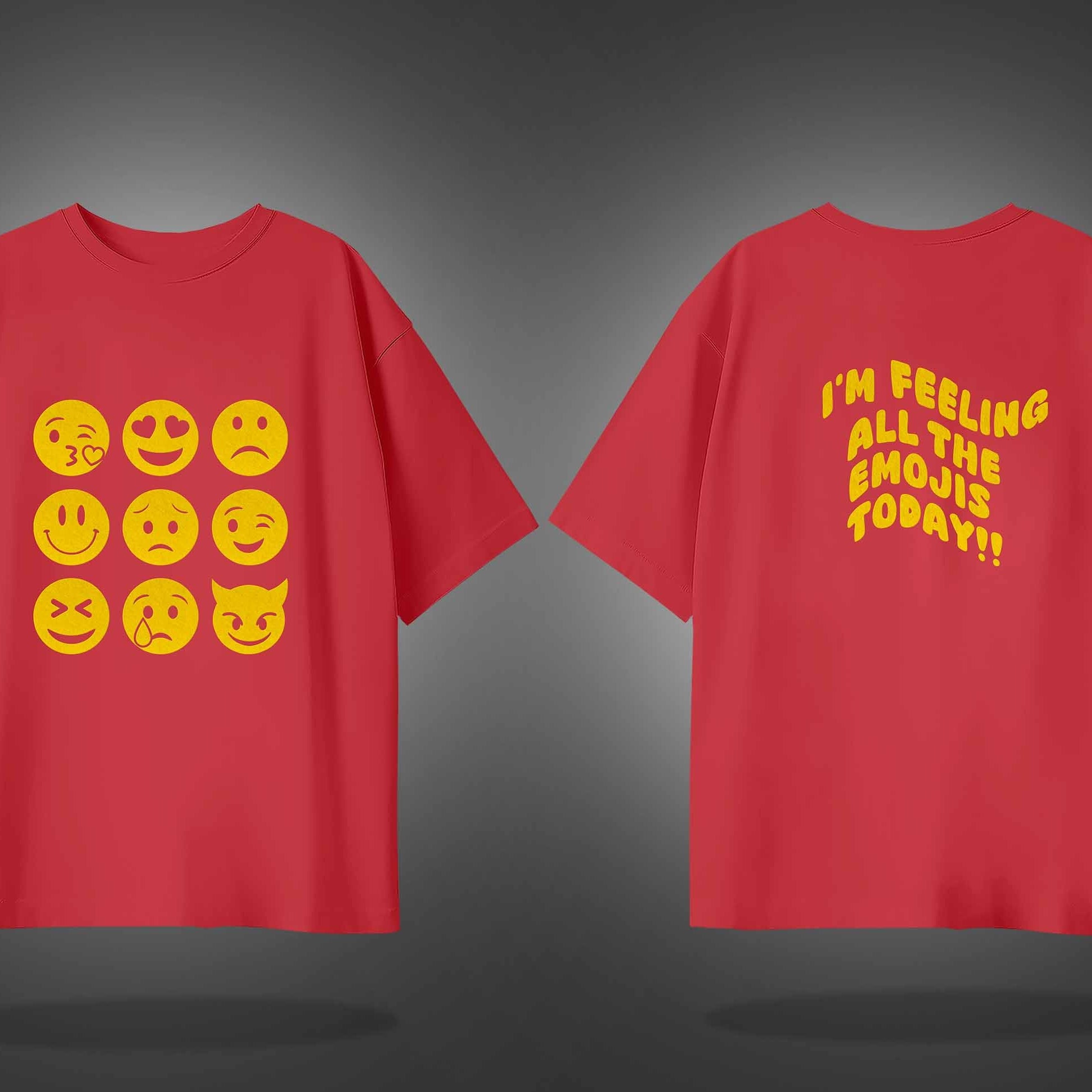 Imperial Red Half Sleeves Emojis Printed Oversized T-Shirt