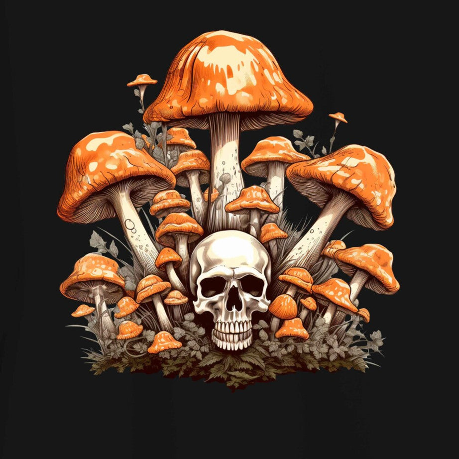 Black Half Sleeve Mushroom Skull Printed Oversized T-Shirt