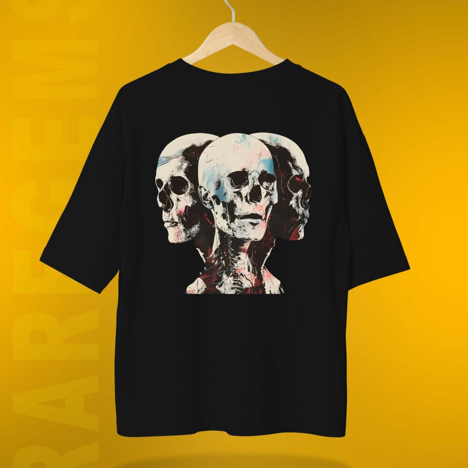 Black Half Sleeves Three Skulls Printed Oversized T-Shirt