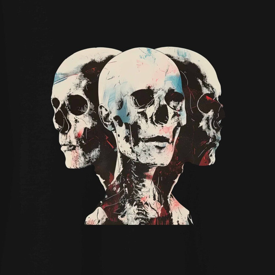Black Half Sleeves Three Skulls Printed Oversized T-Shirt