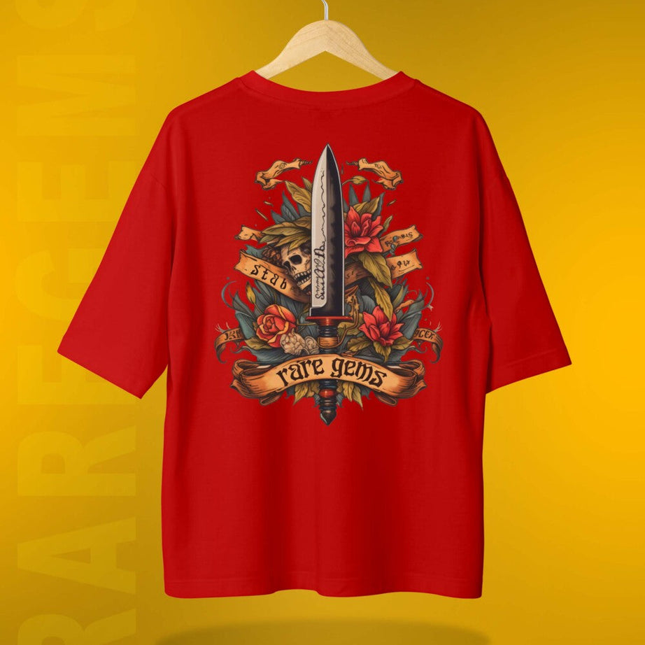 Red Half Sleeve Round Neck Sword With Skull And Roses Printed Oversized T-Shirt