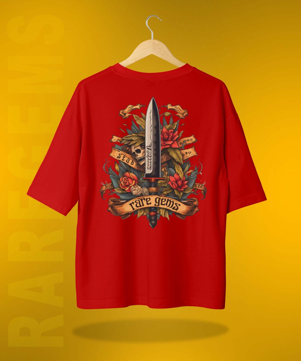 Red Half Sleeve Round Neck Sword With Skull And Roses Printed Oversized T-Shirt
