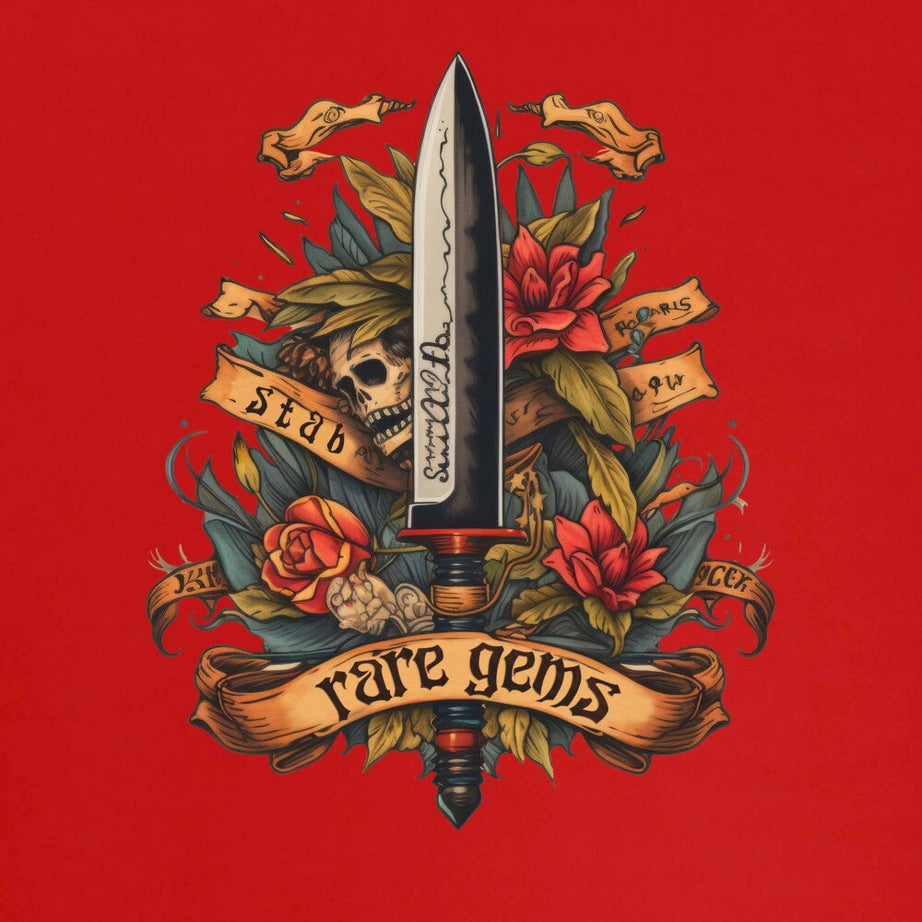 Red Half Sleeve Round Neck Sword With Skull And Roses Printed Oversized T-Shirt